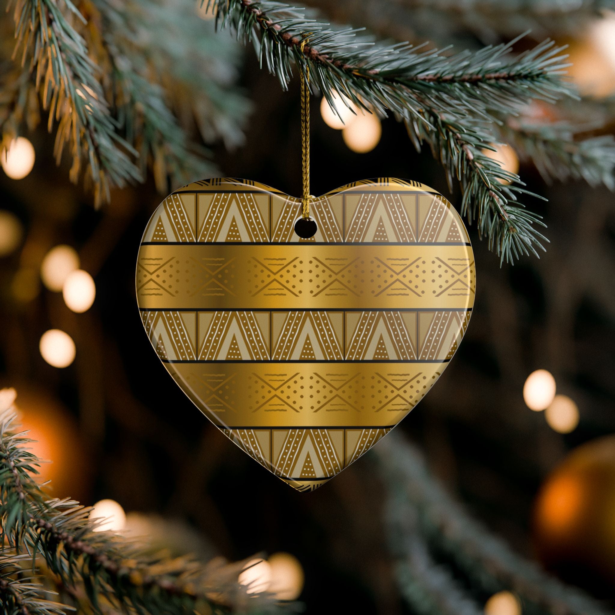 Gold Tribal Heart Ceramic Ornament — Decorative Holiday & Gift Accent