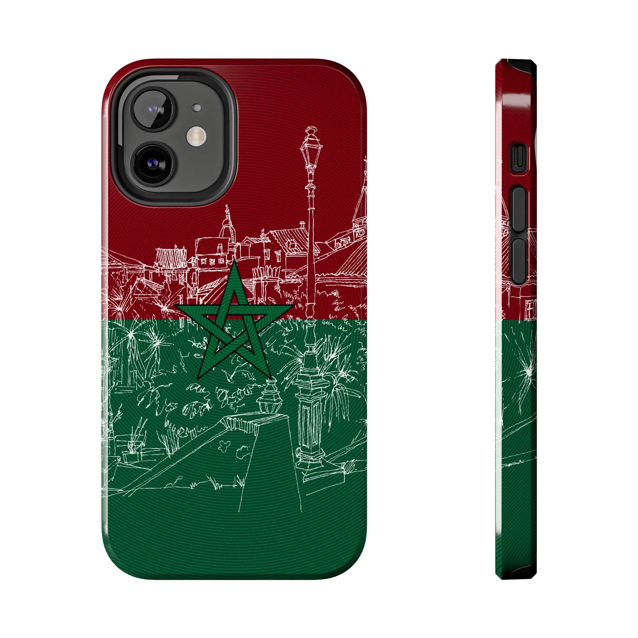 Morocco Flag Sketch Tough Phone Case — Red & Green Casablanca Cityscape - DiwaKi