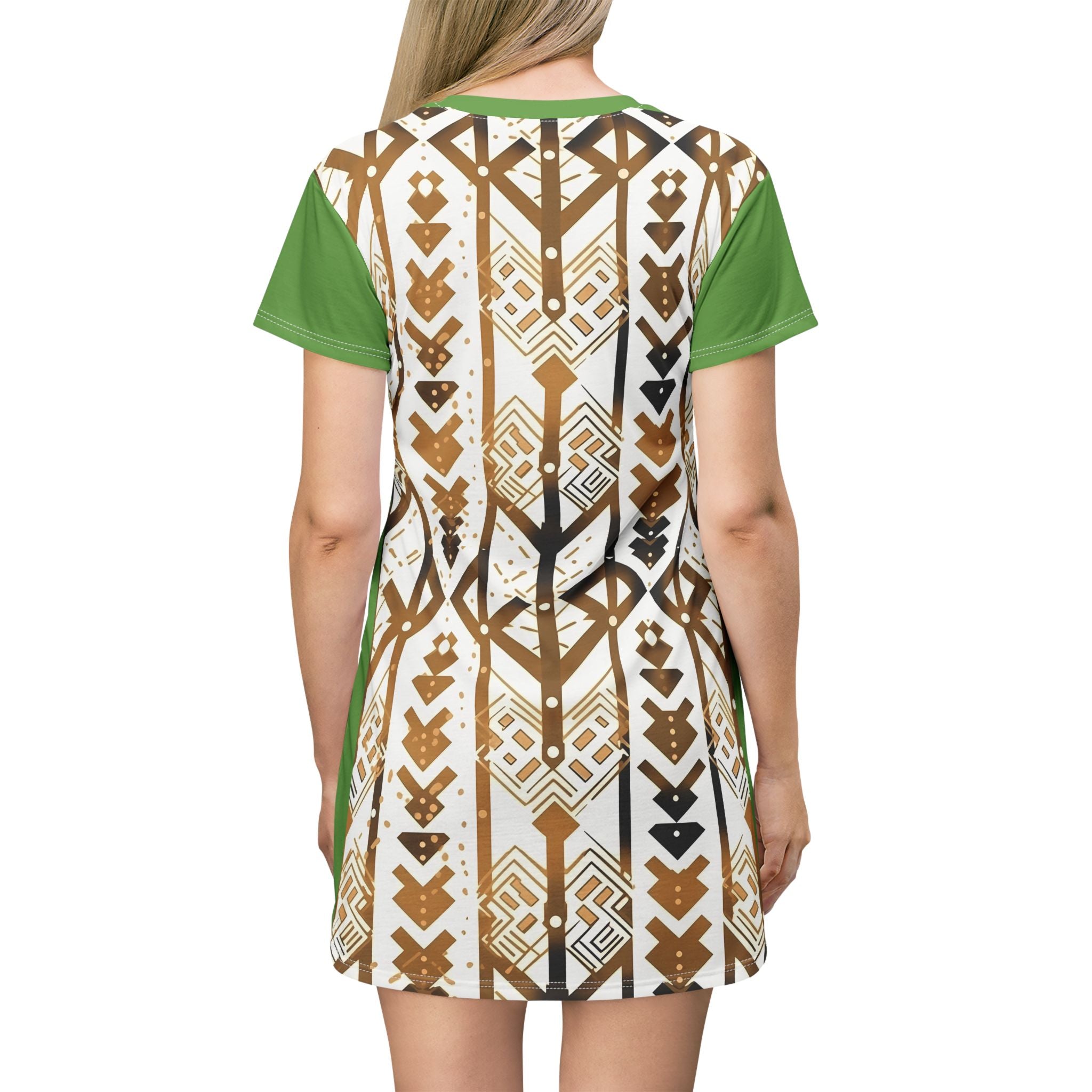 Green Tribal Arrow T-Shirt Dress — Boho Geometric All-Over Print