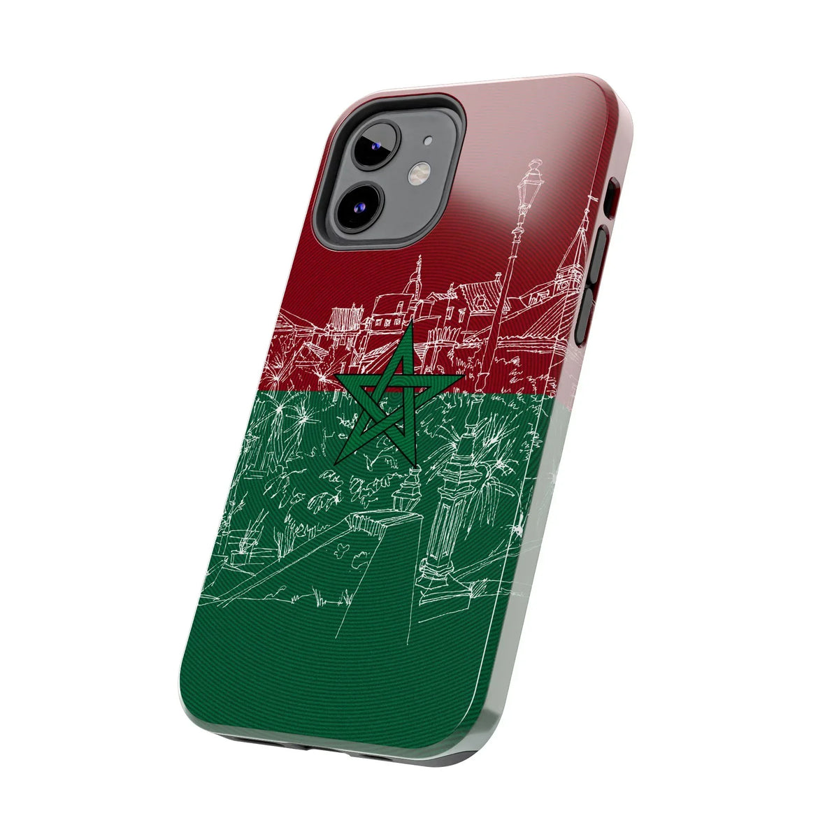 Morocco Flag Sketch Tough Phone Case — Red & Green Casablanca Cityscape - DiwaKi