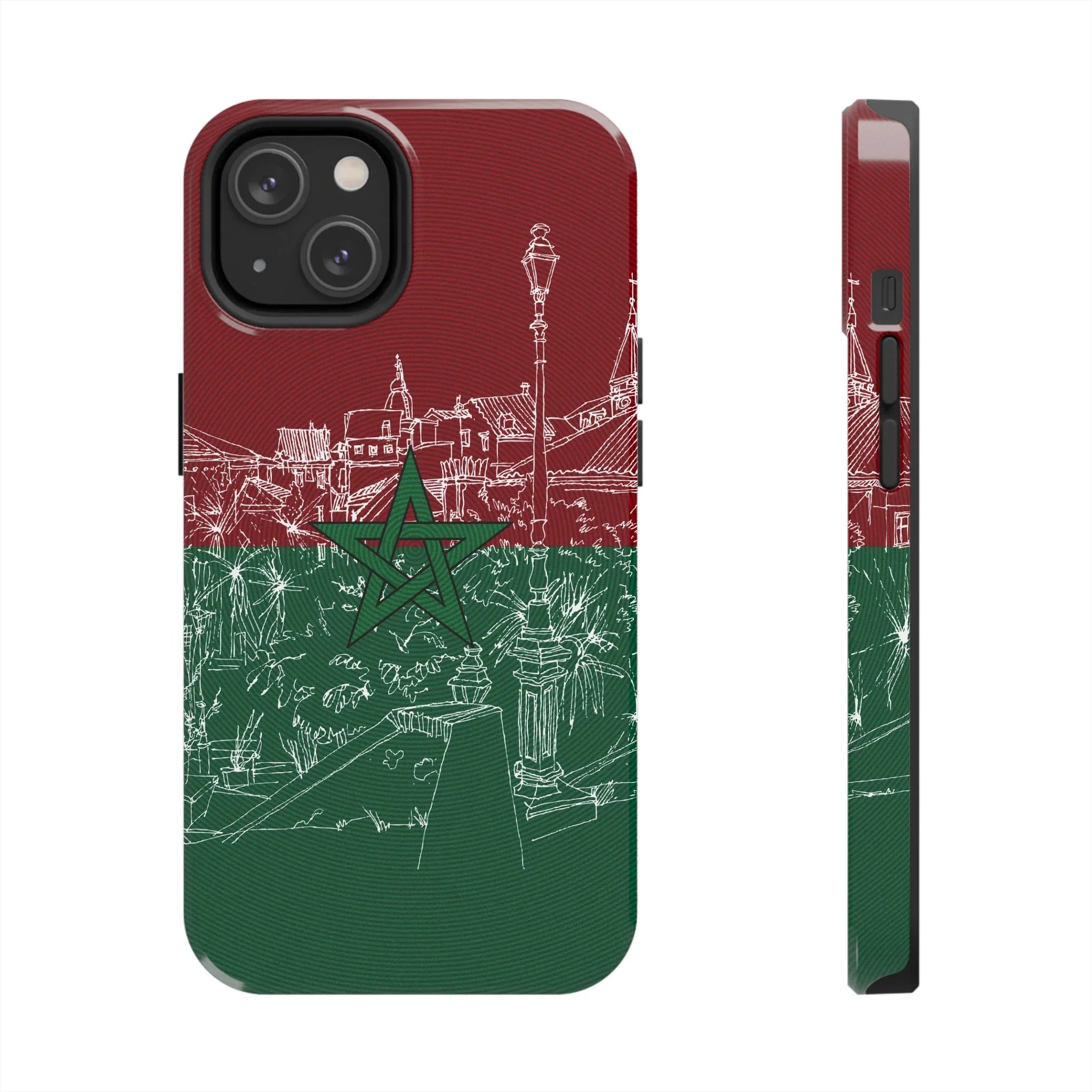 Morocco Flag Sketch Tough Phone Case — Red & Green Casablanca Cityscape - DiwaKi