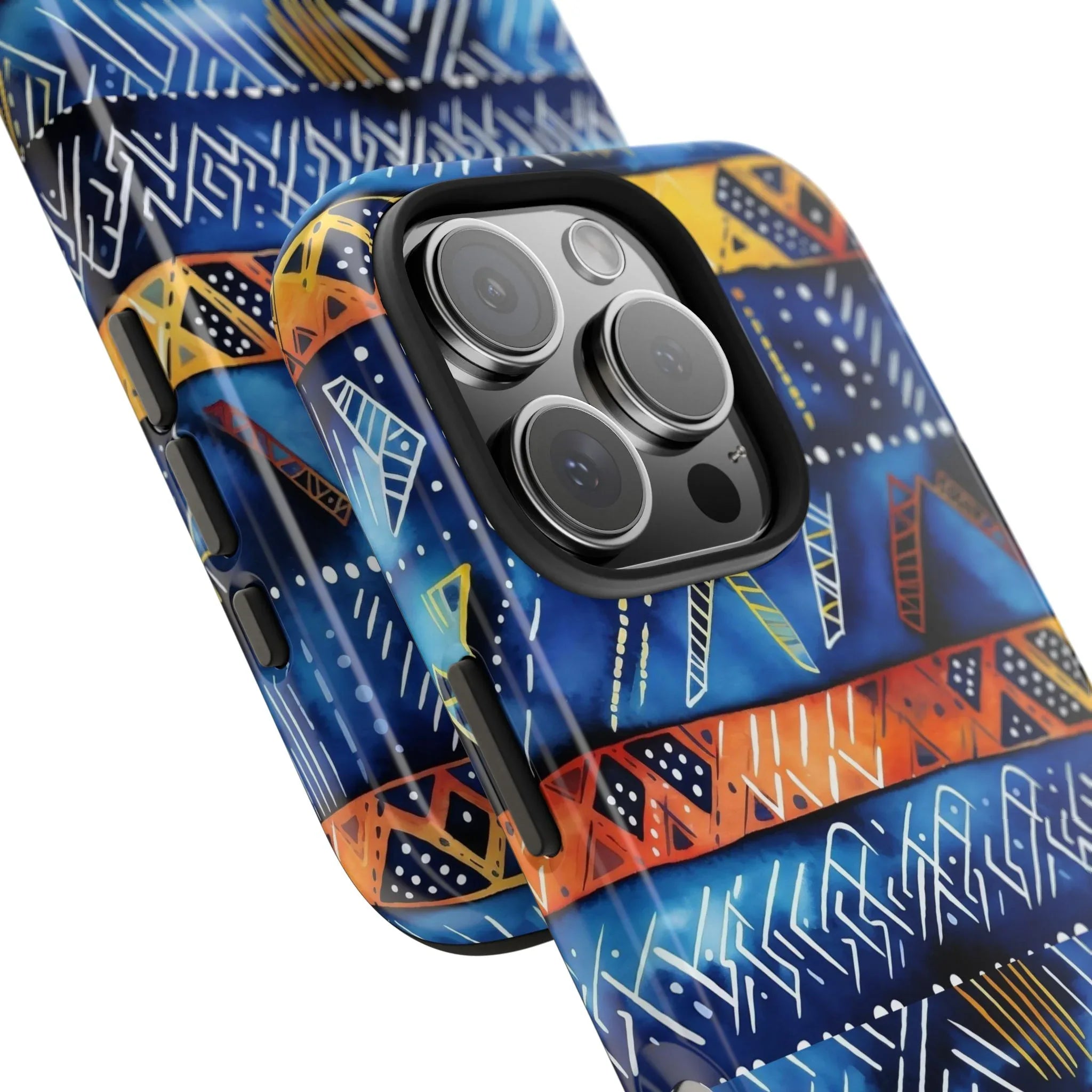 African mudcloth Tribal Indigo Stripe Tough Phone Case — Blue & Orange Geometric Protective Cover - DiwaKi