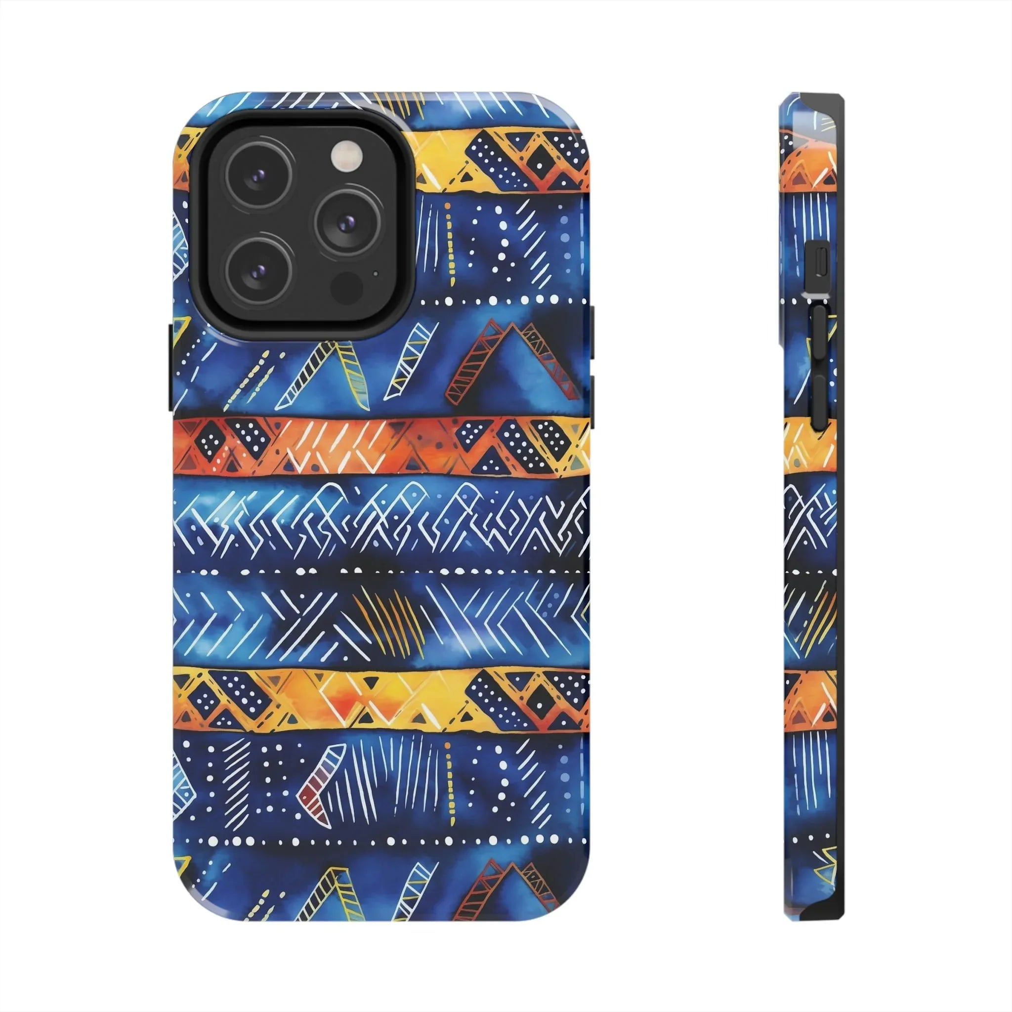African mudcloth Tribal Indigo Stripe Tough Phone Case — Blue & Orange Geometric Protective Cover - DiwaKi