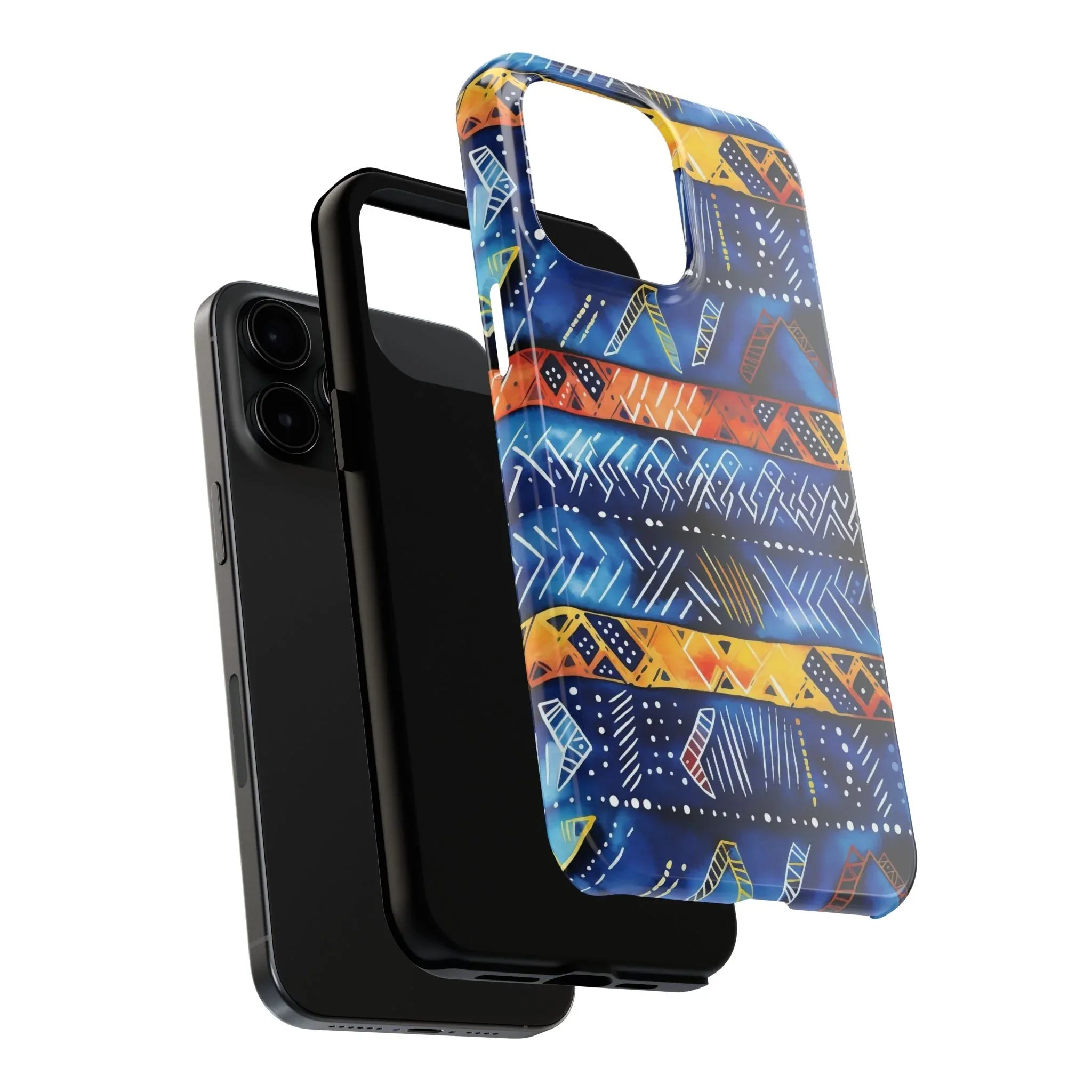 African mudcloth Tribal Indigo Stripe Tough Phone Case — Blue & Orange Geometric Protective Cover - DiwaKi