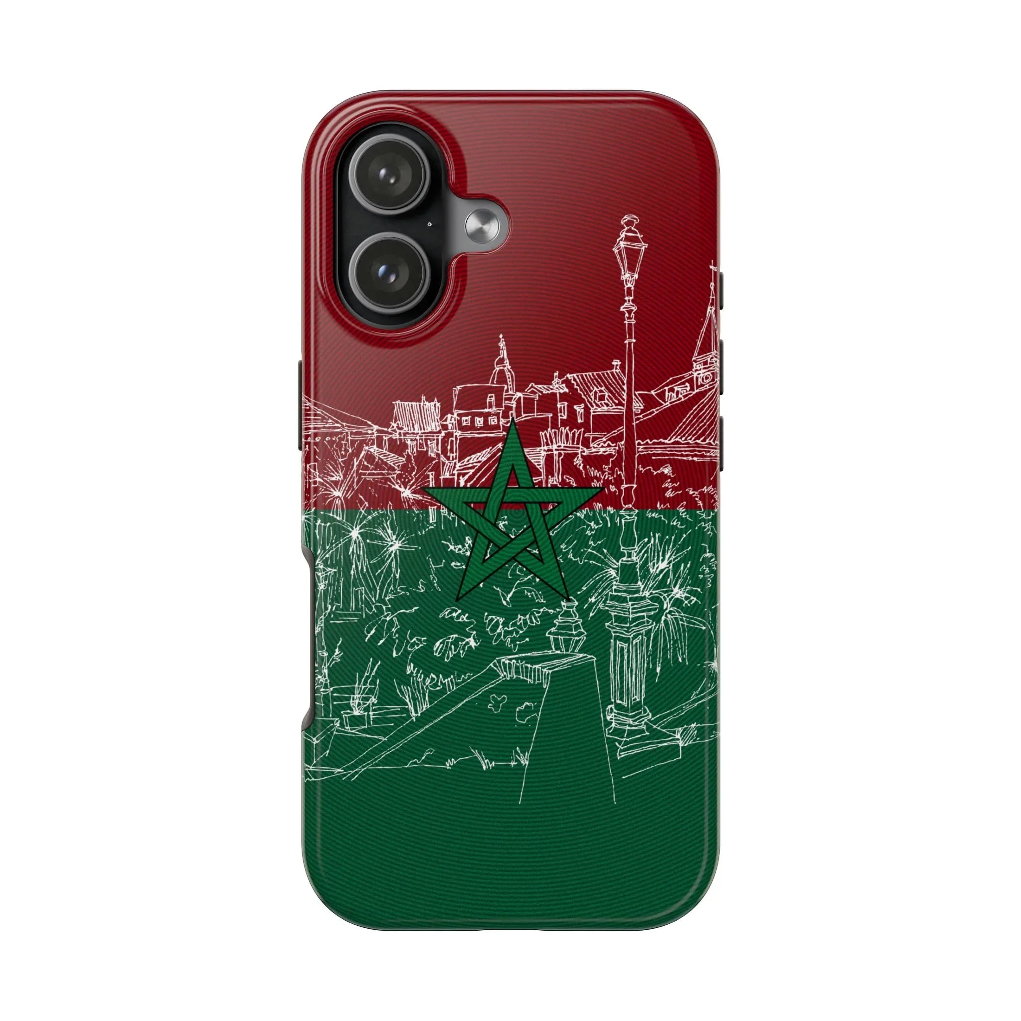 Morocco Flag Sketch Tough Phone Case — Red & Green Casablanca Cityscape - DiwaKi