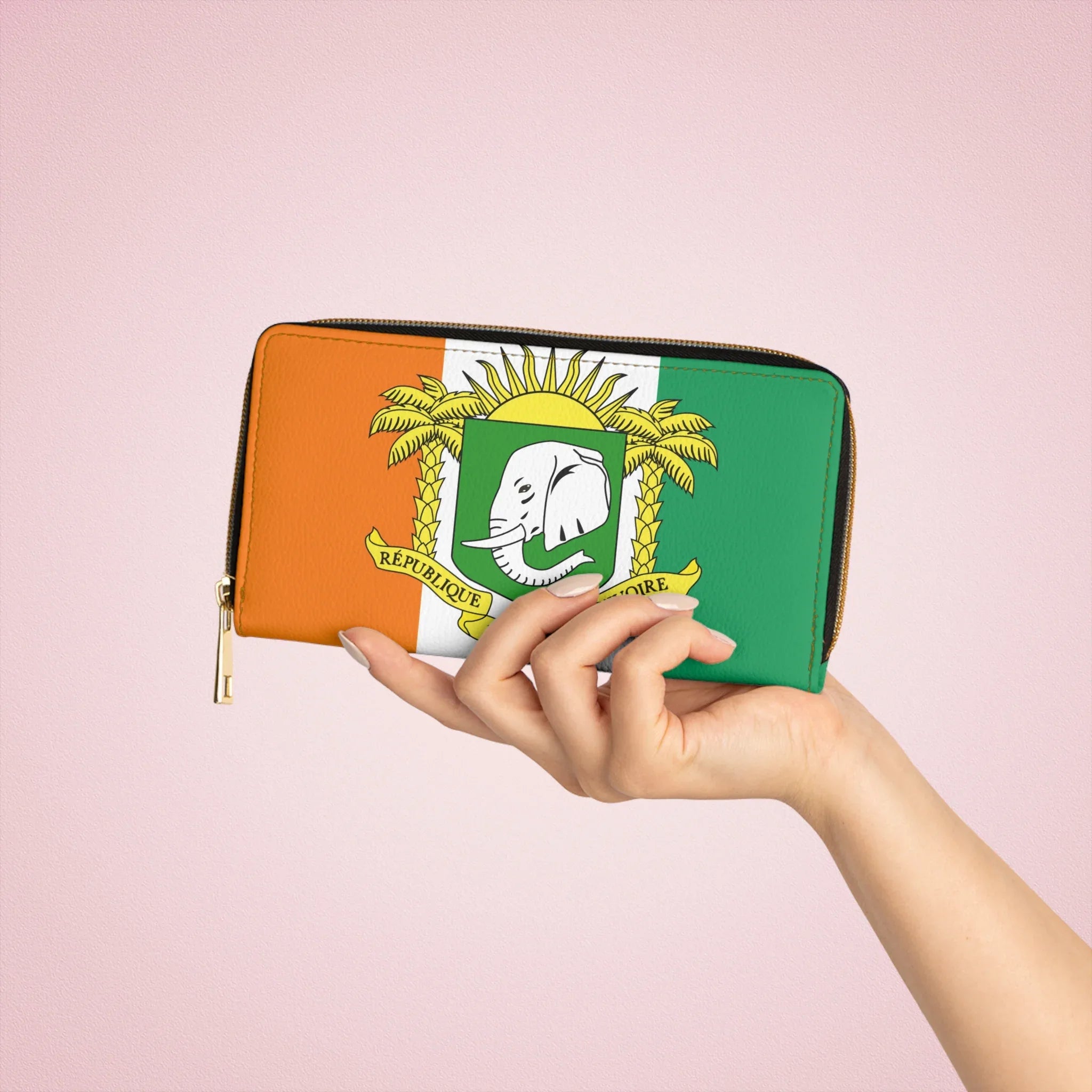 Ivory Coast Flag Zipper Wallet - Tricolor Travel Wallet with Coat of Arms - DiwaKi