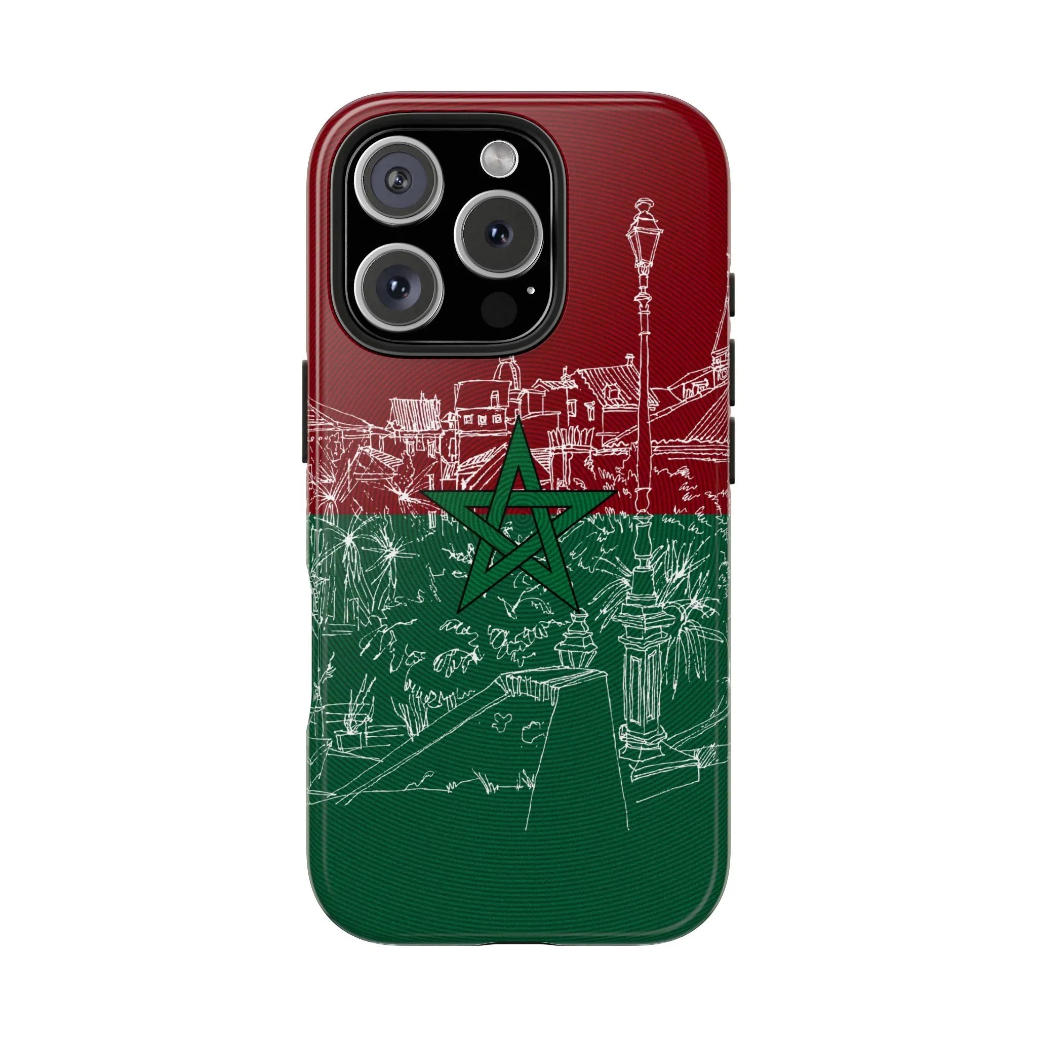 Morocco Flag Sketch Tough Phone Case — Red & Green Casablanca Cityscape - DiwaKi