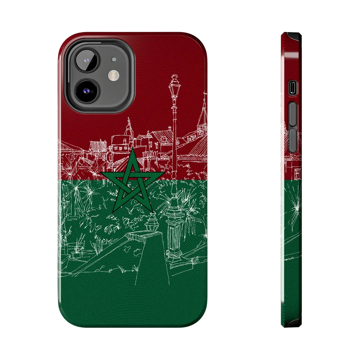 Morocco Flag Sketch Tough Phone Case — Red & Green Casablanca Cityscape - DiwaKi