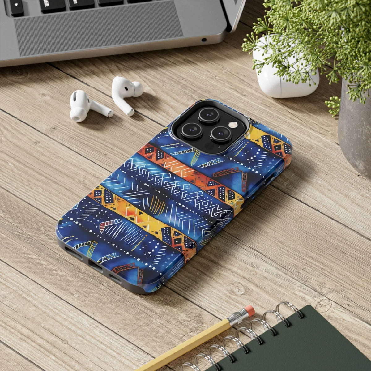 African mudcloth Tribal Indigo Stripe Tough Phone Case — Blue & Orange Geometric Protective Cover - DiwaKi