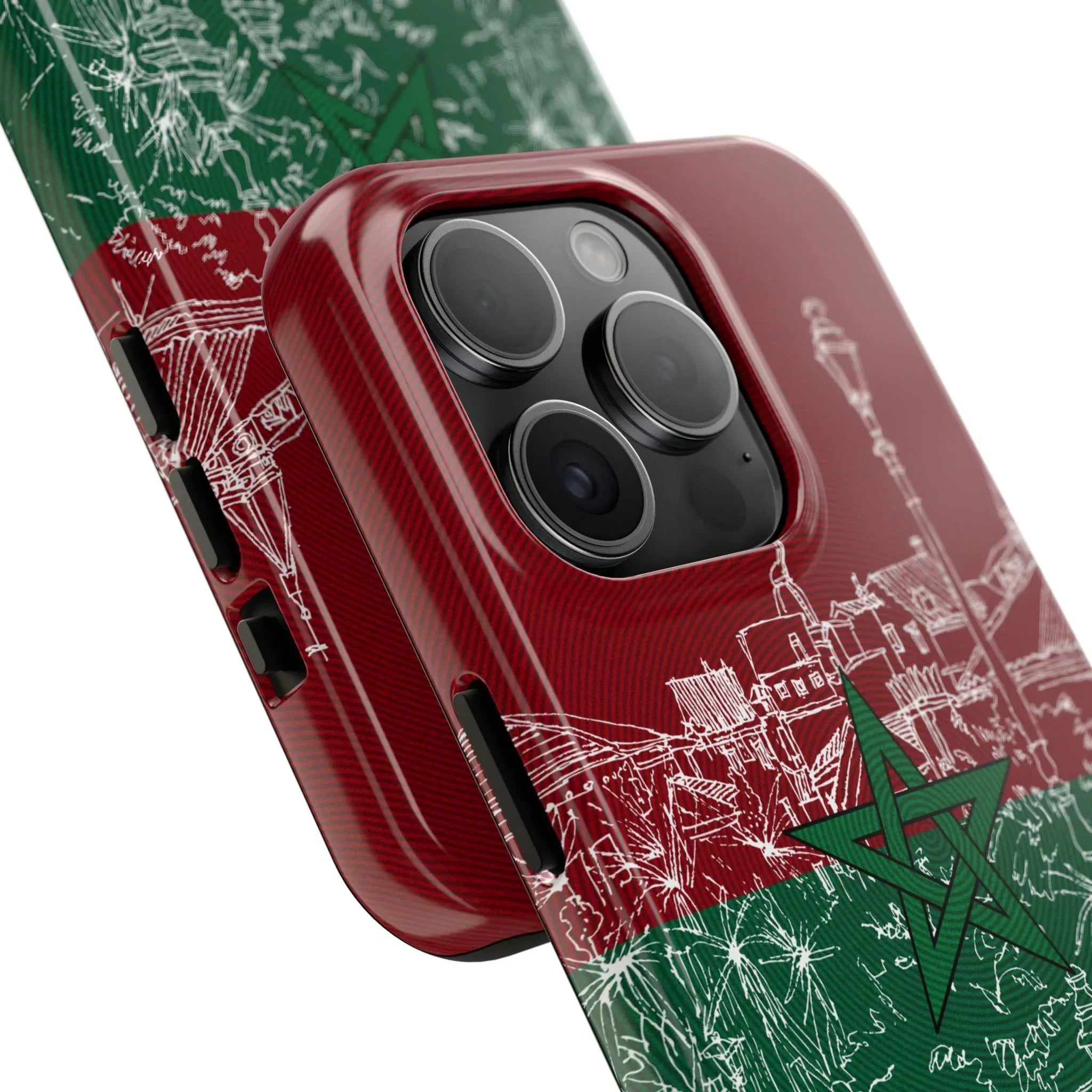 Morocco Flag Sketch Tough Phone Case — Red & Green Casablanca Cityscape - DiwaKi