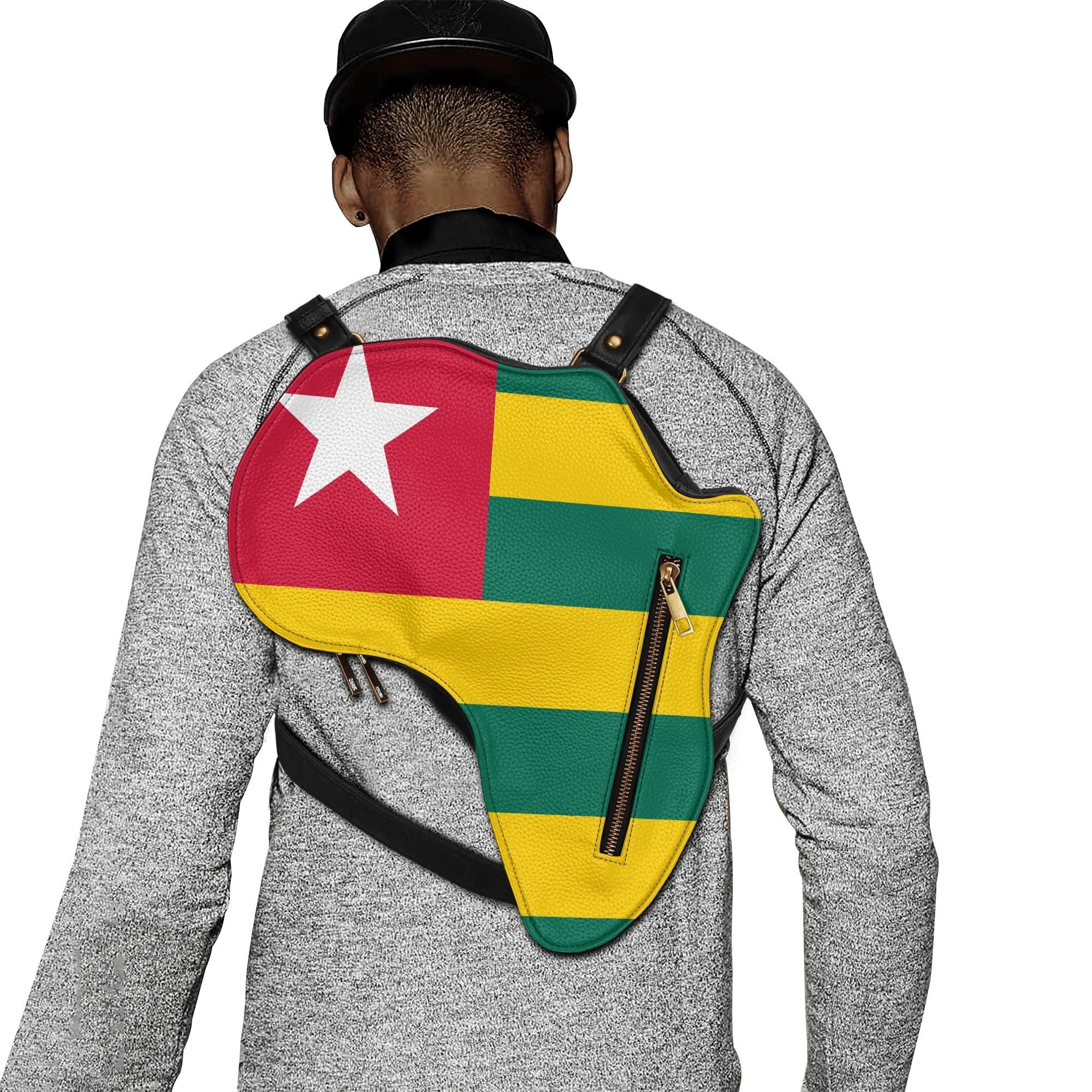 Africa Map Travel Backpack in Black & Brown PU Leather, Perfect for Togo Enthusiasts - DiwaKi