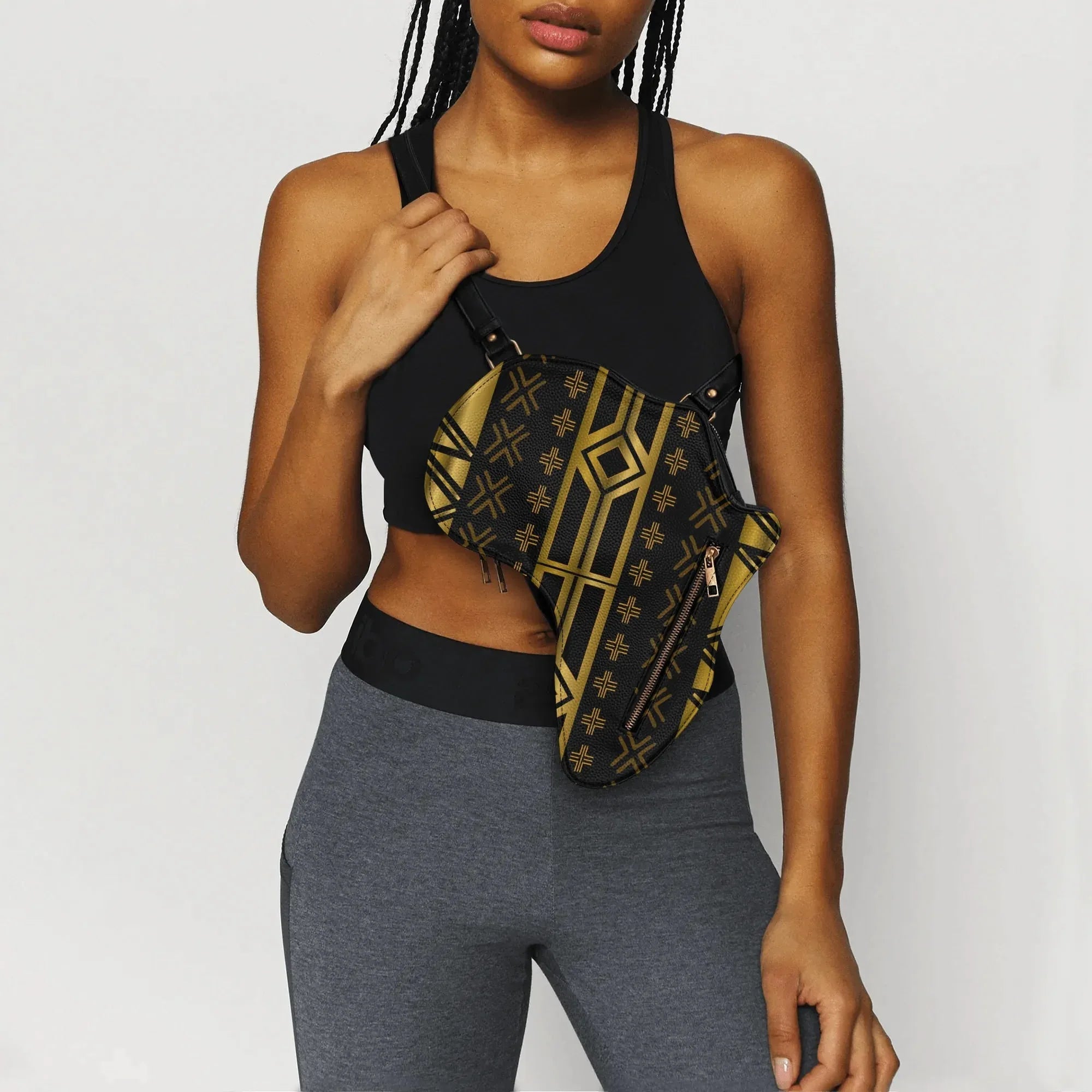 PU Leather Africa Map Bag for Africa black and gold bogolan pattern - DiwaKi
