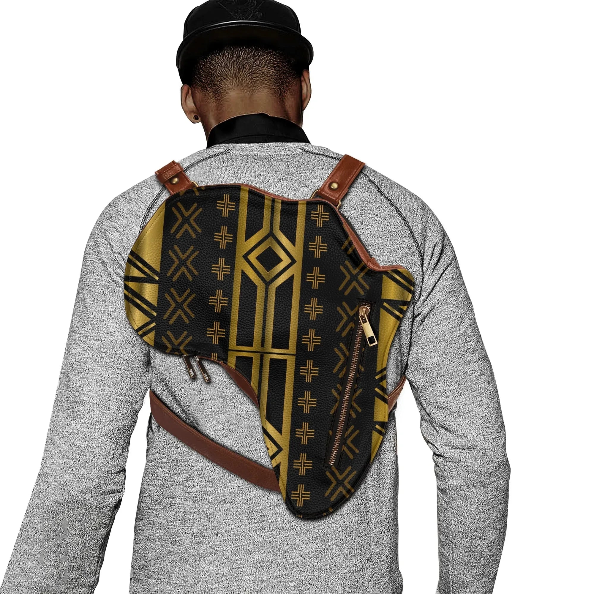 PU Leather Africa Map Bag for Africa black and gold bogolan pattern - DiwaKi
