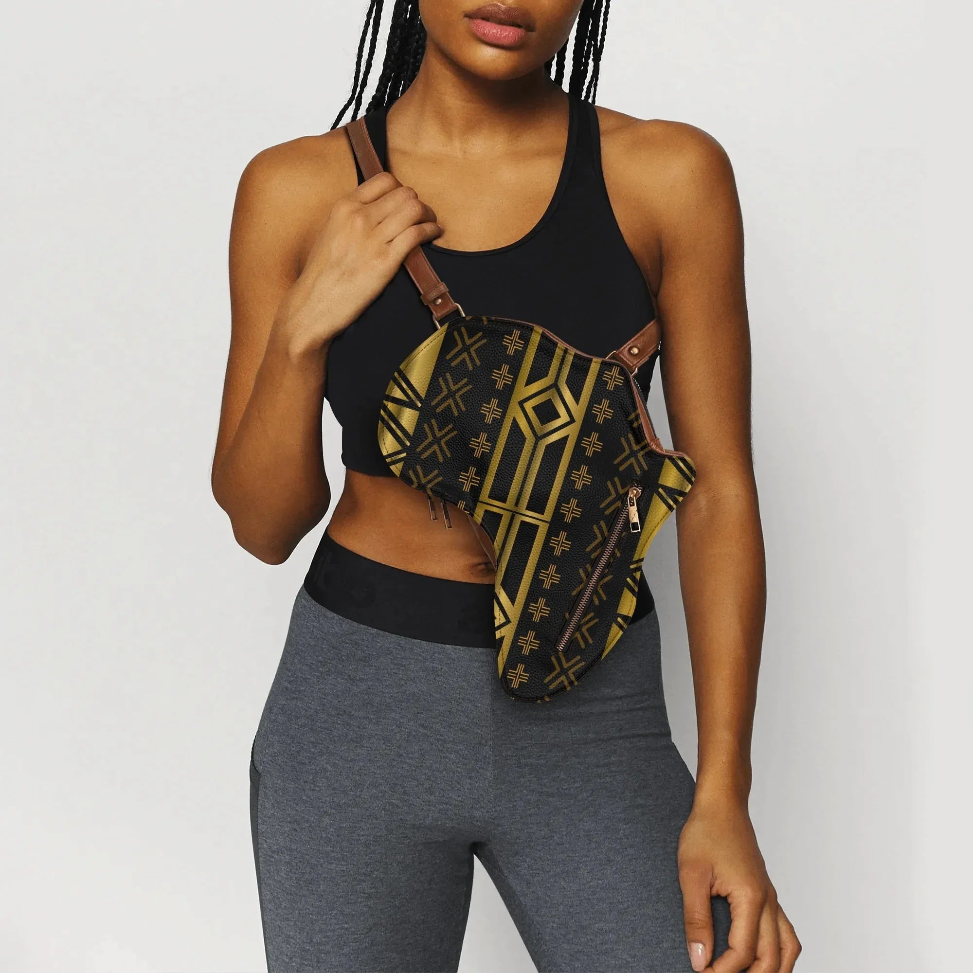 PU Leather Africa Map Bag for Africa black and gold bogolan pattern - DiwaKi
