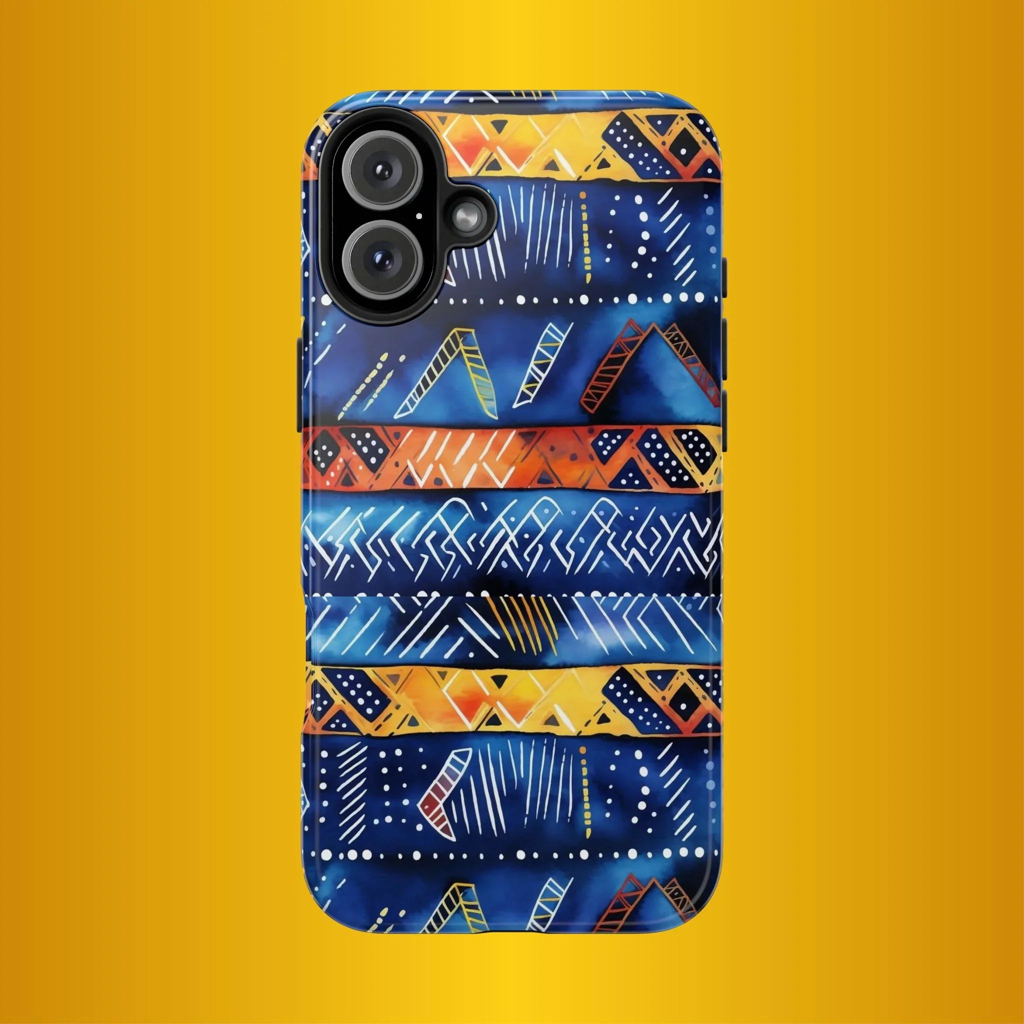 African mudcloth Tribal Indigo Stripe Tough Phone Case — Blue & Orange Geometric Protective Cover - DiwaKi