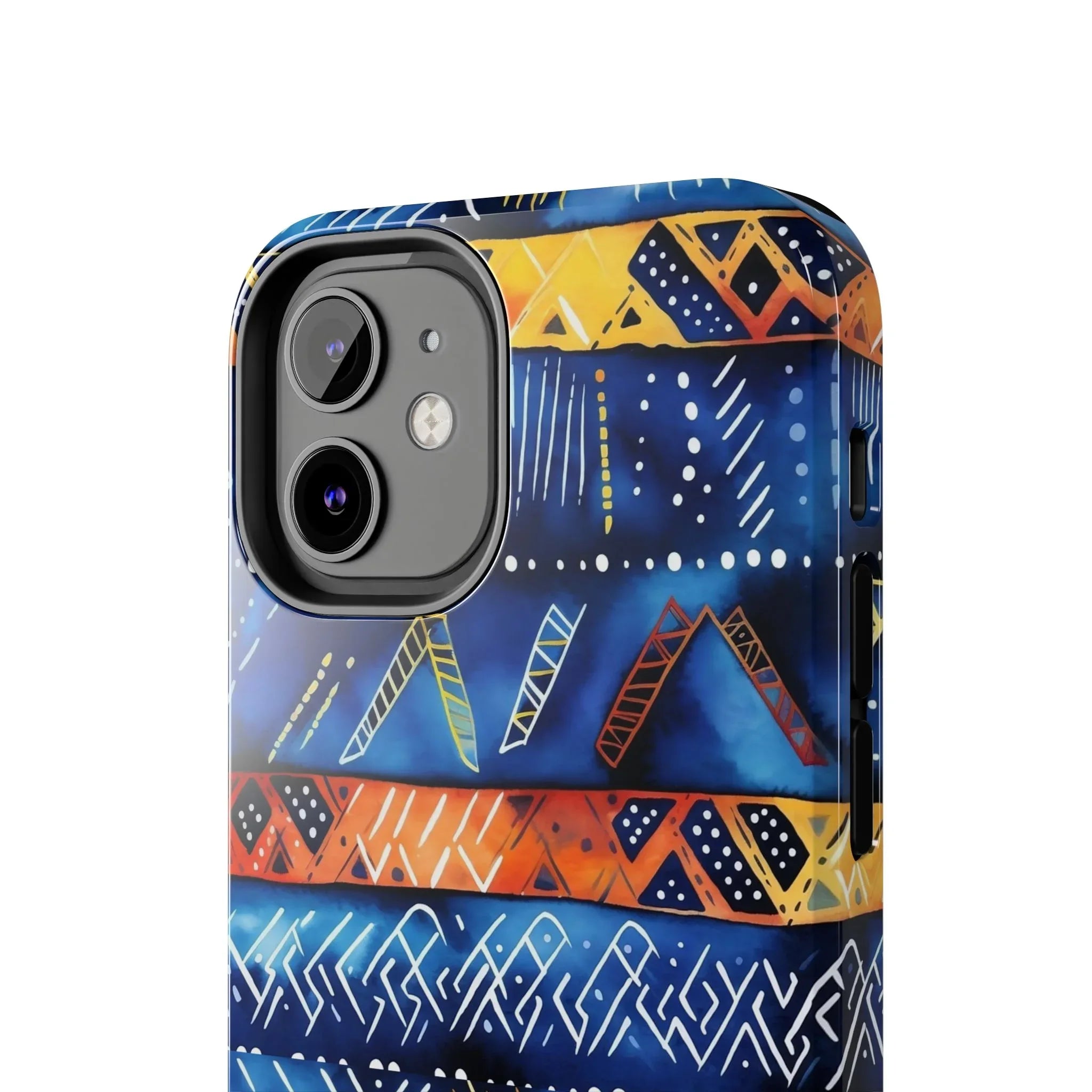 African mudcloth Tribal Indigo Stripe Tough Phone Case — Blue & Orange Geometric Protective Cover - DiwaKi