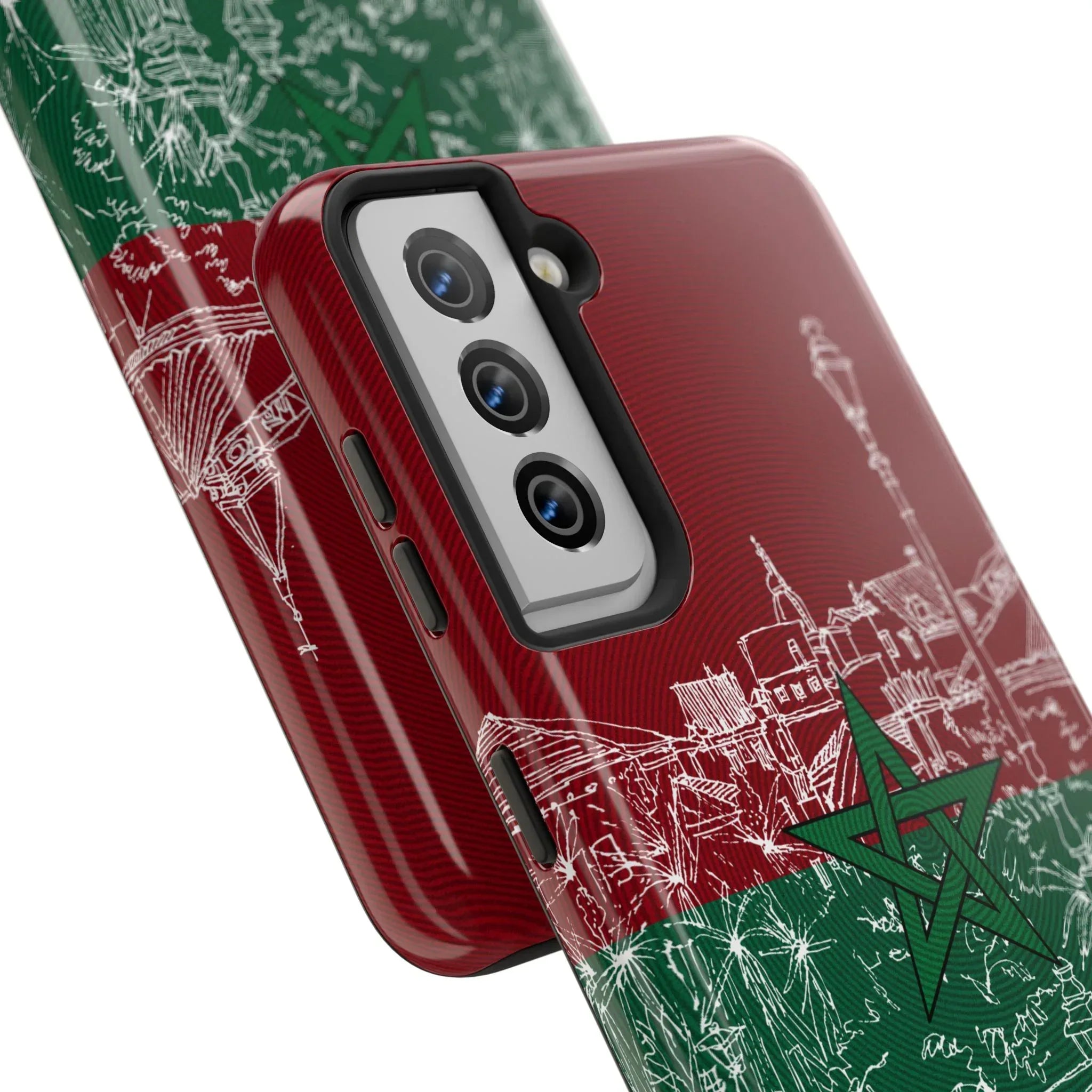 Morocco Flag Sketch Tough Phone Case — Red & Green Casablanca Cityscape - DiwaKi