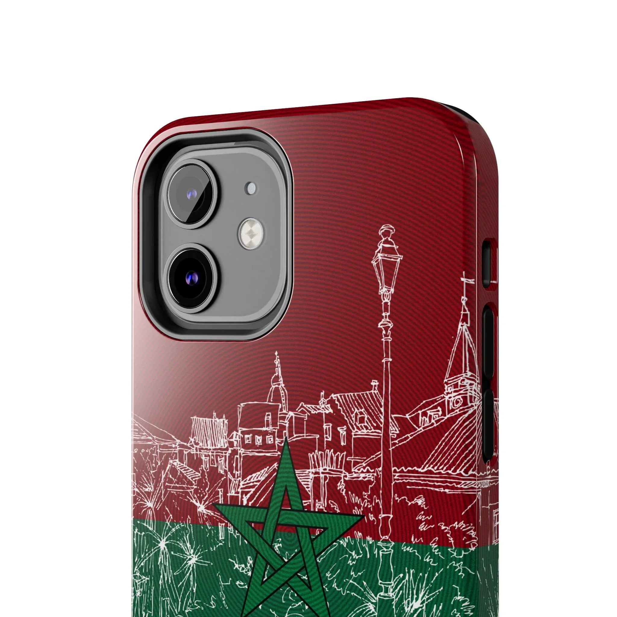 Morocco Flag Sketch Tough Phone Case — Red & Green Casablanca Cityscape - DiwaKi