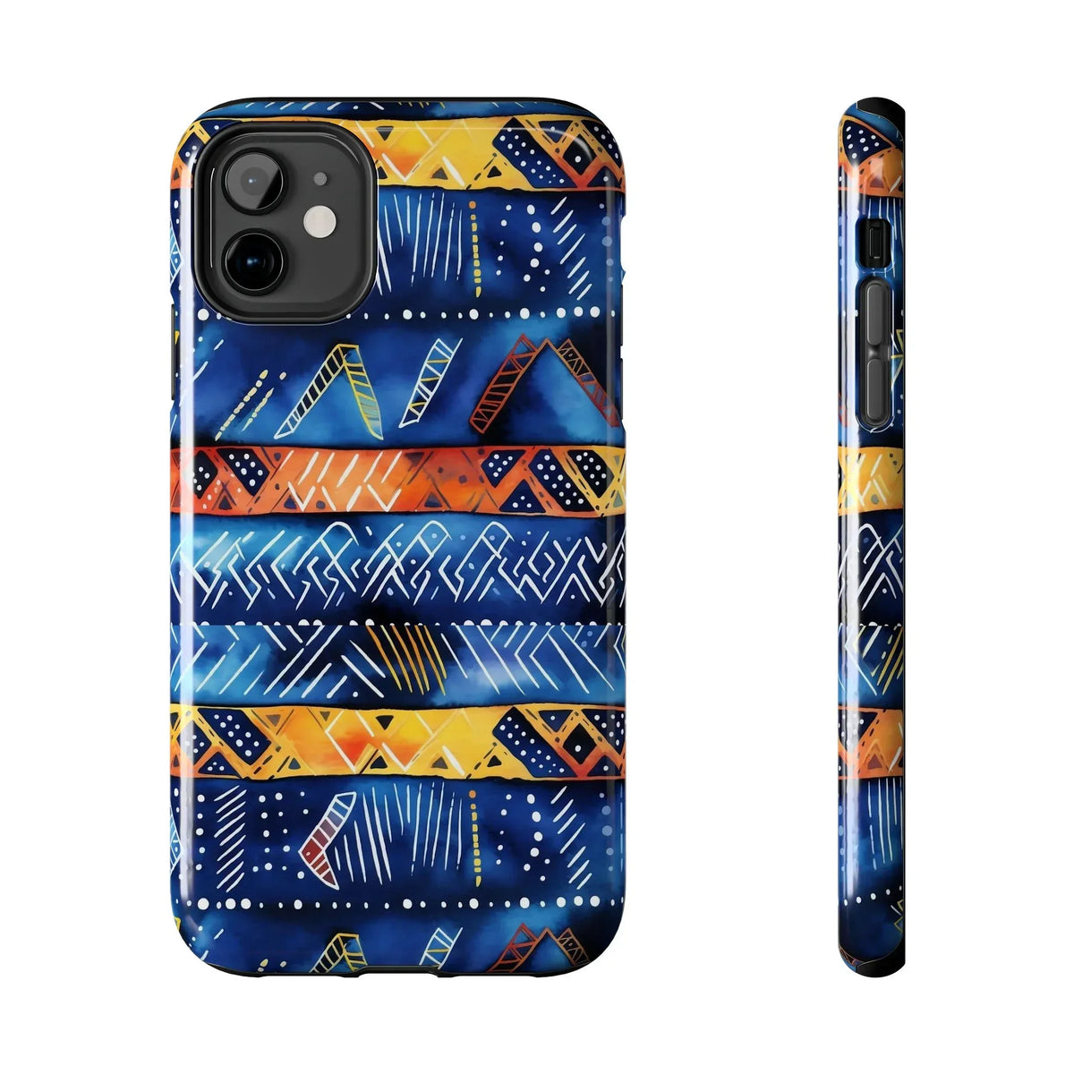 African mudcloth Tribal Indigo Stripe Tough Phone Case — Blue & Orange Geometric Protective Cover - DiwaKi