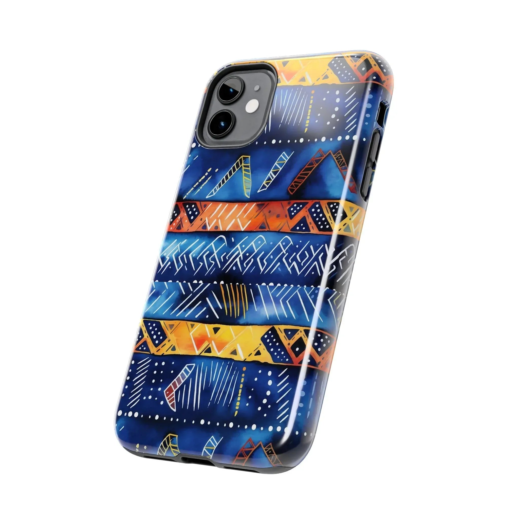African mudcloth Tribal Indigo Stripe Tough Phone Case — Blue & Orange Geometric Protective Cover - DiwaKi