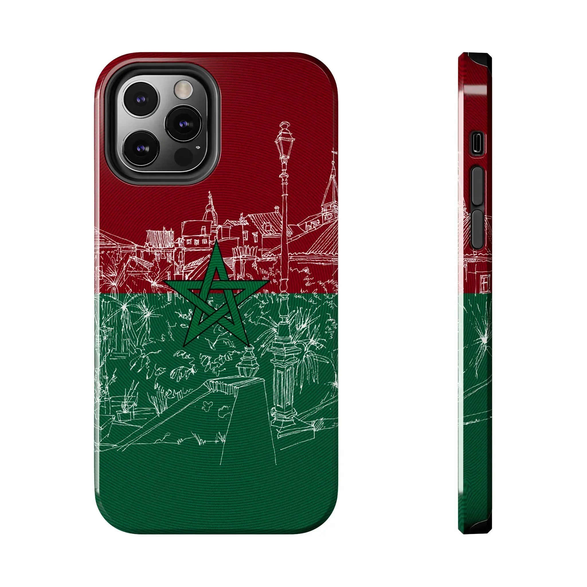 Morocco Flag Sketch Tough Phone Case — Red & Green Casablanca Cityscape - DiwaKi