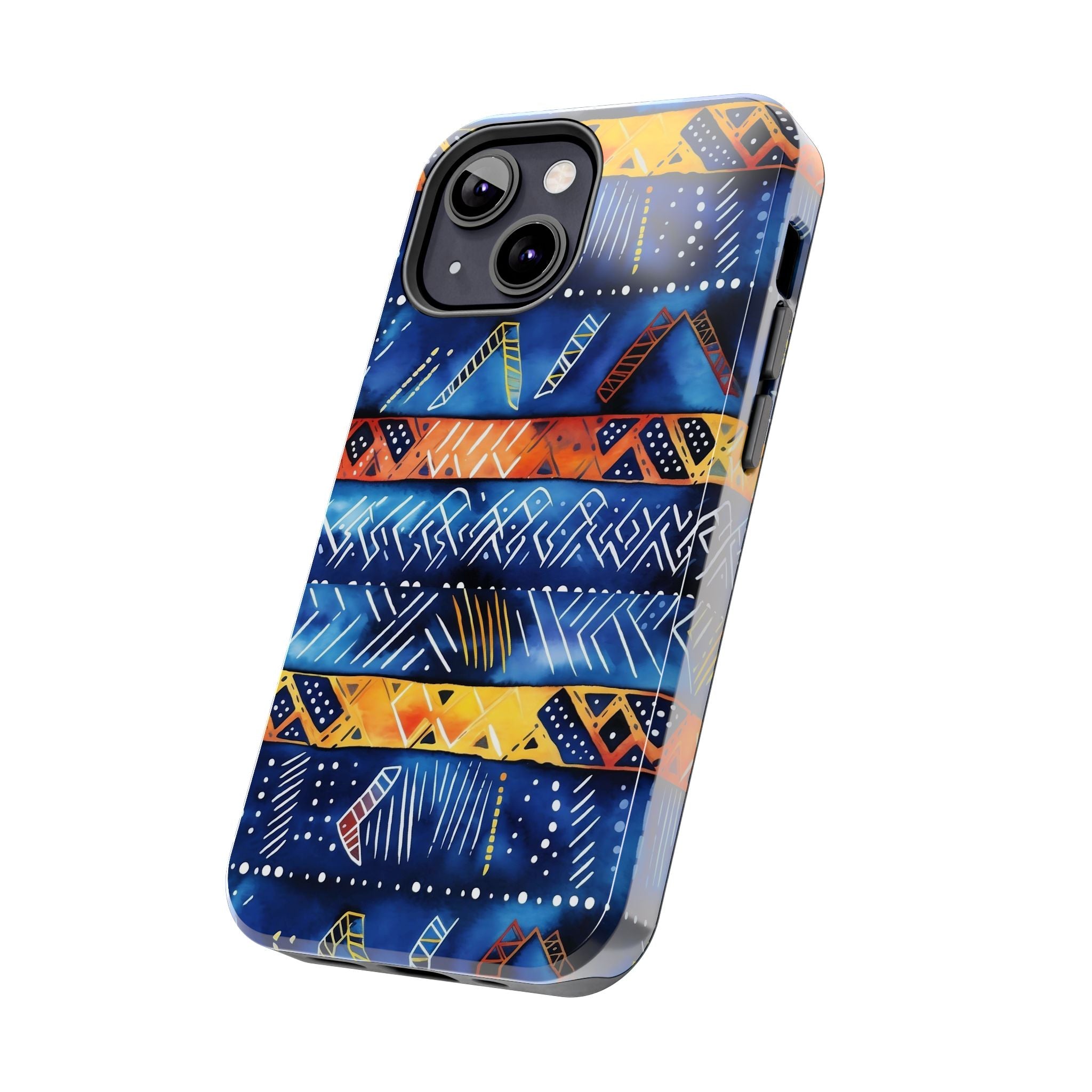 African mudcloth Tribal Indigo Stripe Tough Phone Case — Blue & Orange Geometric Protective Cover