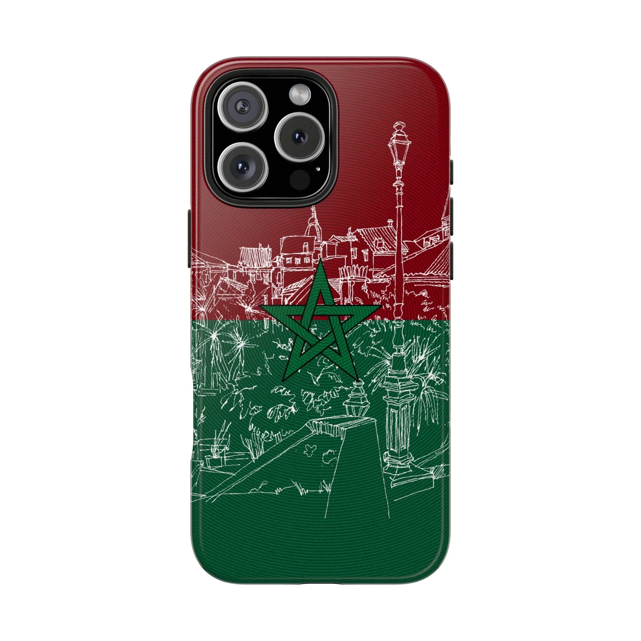 Morocco Flag Sketch Tough Phone Case — Red & Green Casablanca Cityscape - DiwaKi