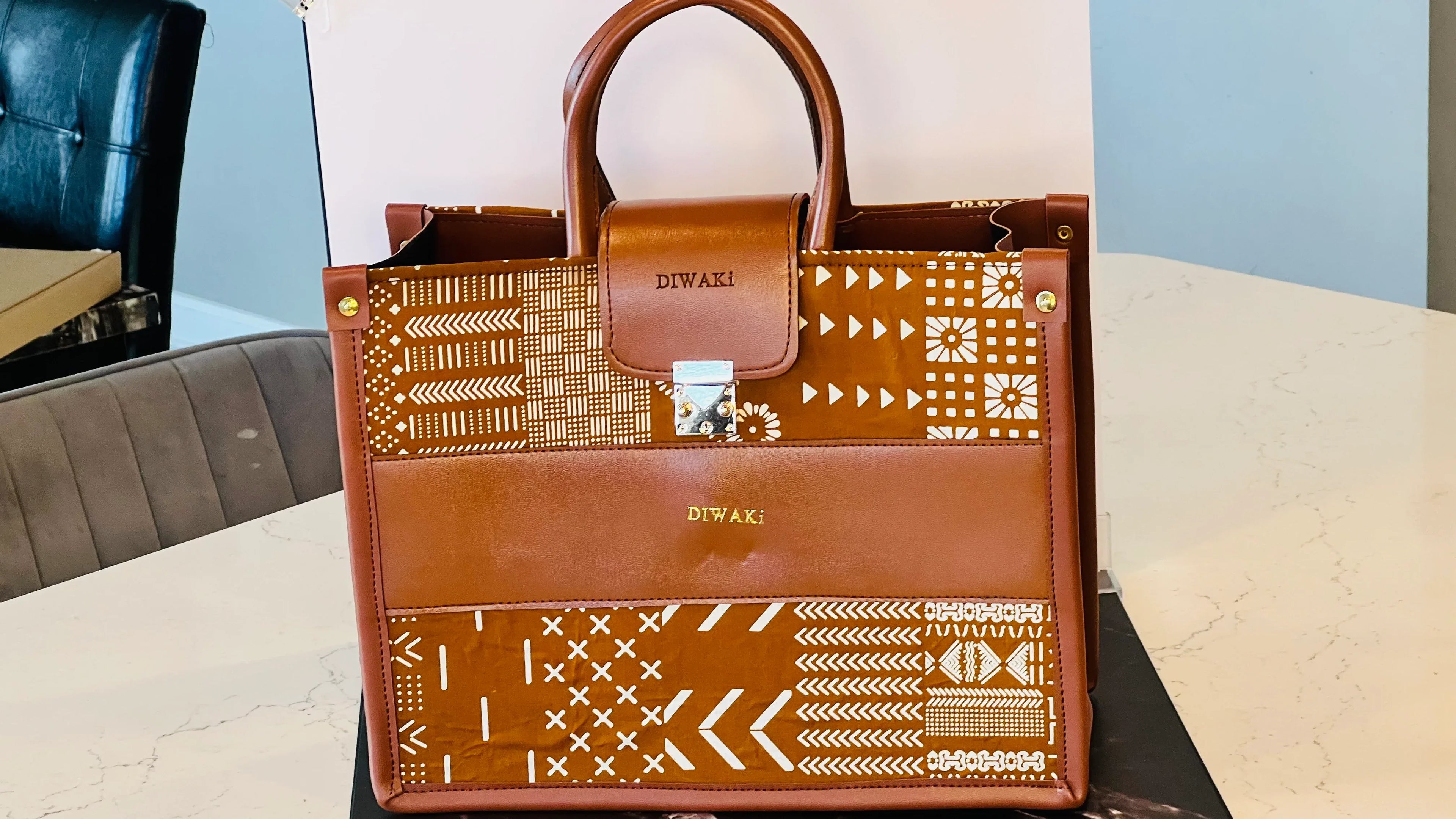 Diwaki tan mud cloth African tote bag - DiwaKi
