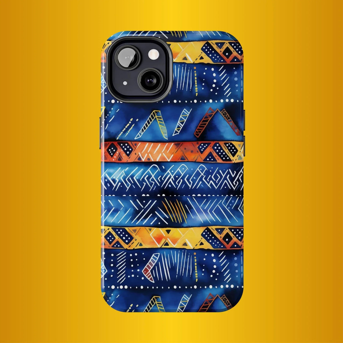African mudcloth Tribal Indigo Stripe Tough Phone Case — Blue & Orange Geometric Protective Cover - DiwaKi