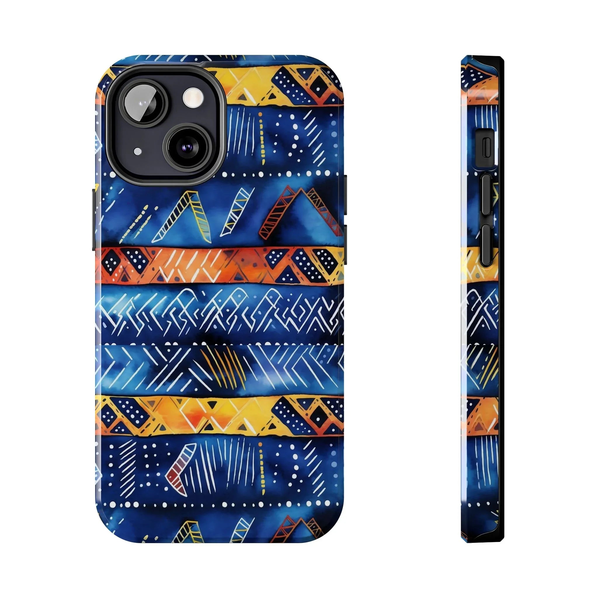 African mudcloth Tribal Indigo Stripe Tough Phone Case — Blue & Orange Geometric Protective Cover - DiwaKi