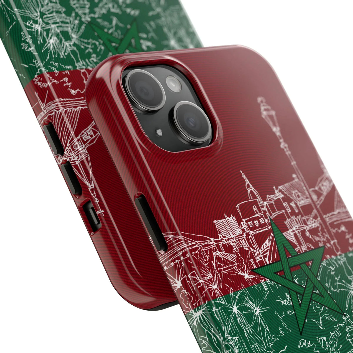 Morocco Flag Sketch Tough Phone Case — Red & Green Casablanca Cityscape - DiwaKi