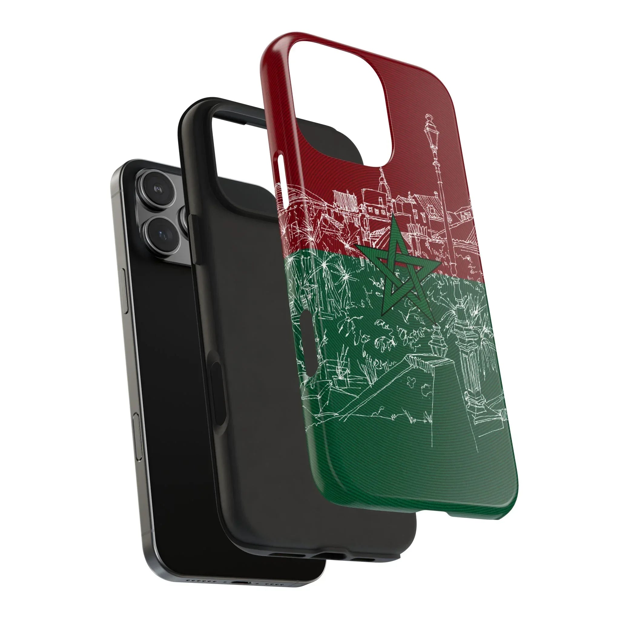 Morocco Flag Sketch Tough Phone Case — Red & Green Casablanca Cityscape - DiwaKi