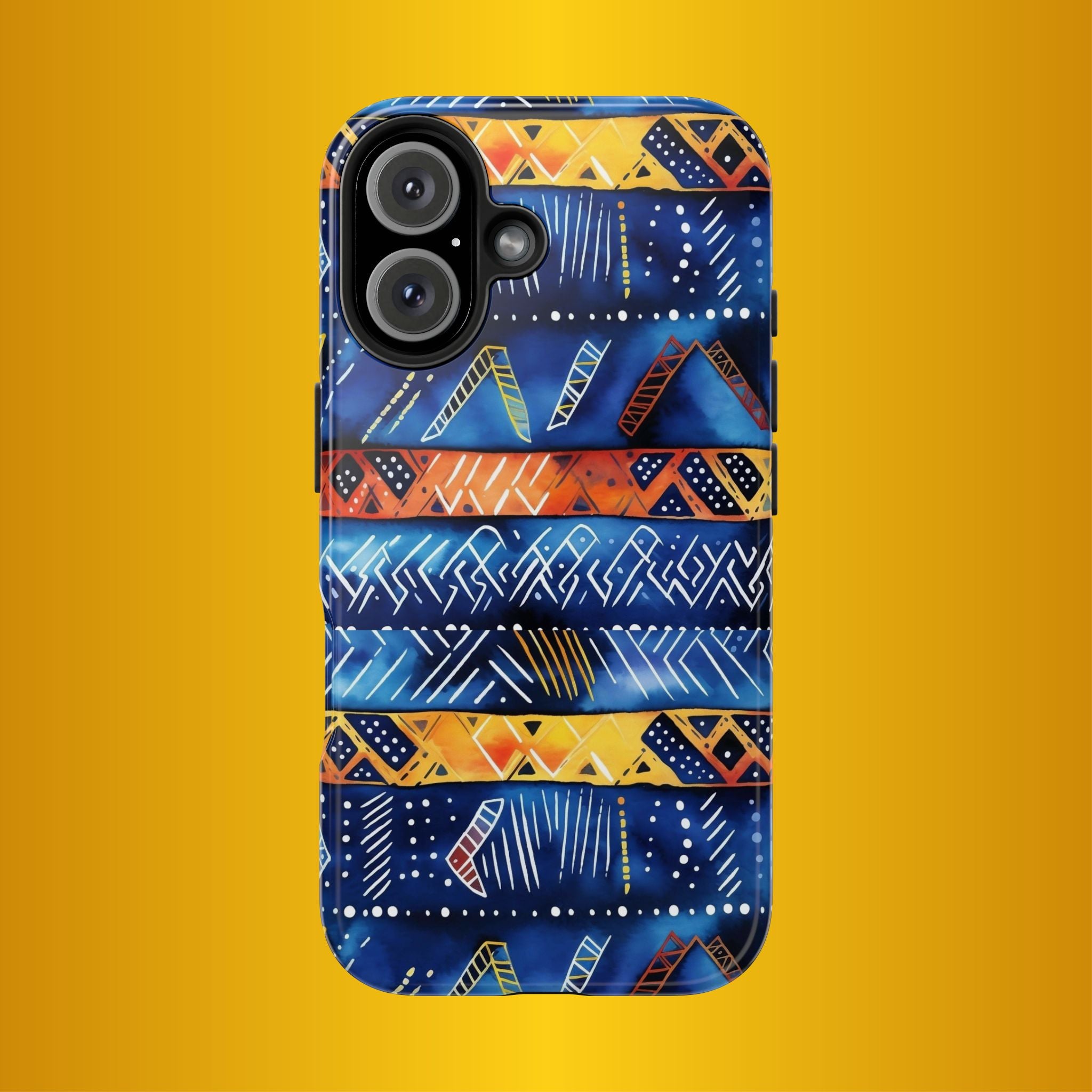 African mudcloth Tribal Indigo Stripe Tough Phone Case — Blue & Orange Geometric Protective Cover