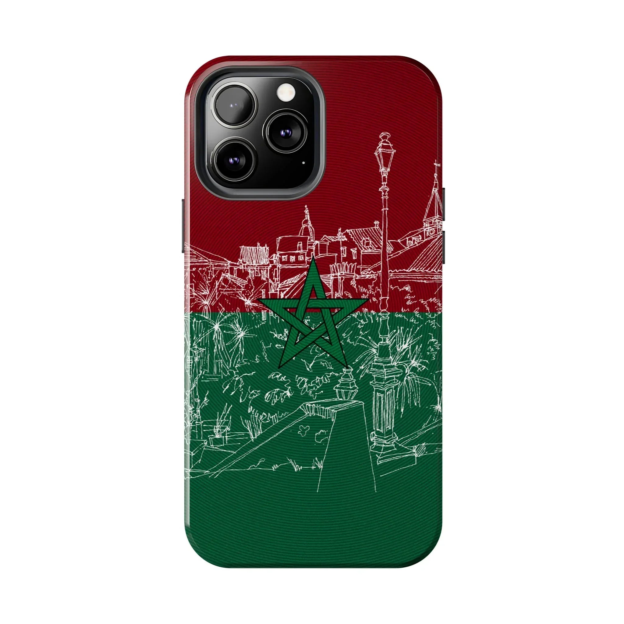 Morocco Flag Sketch Tough Phone Case — Red & Green Casablanca Cityscape - DiwaKi