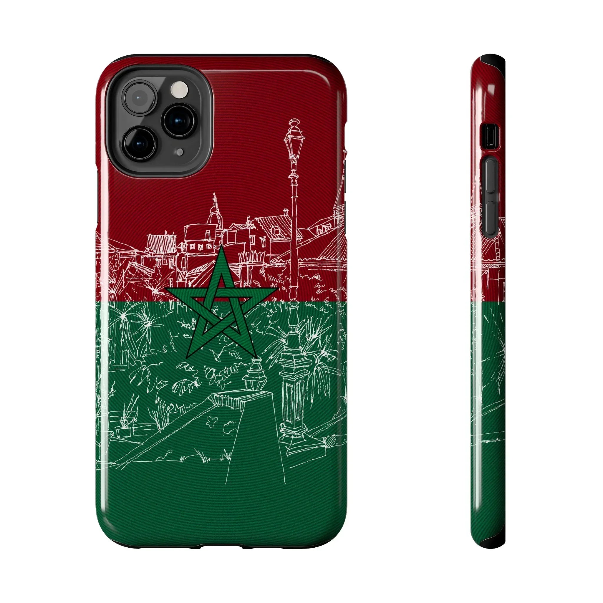 Morocco Flag Sketch Tough Phone Case — Red & Green Casablanca Cityscape - DiwaKi