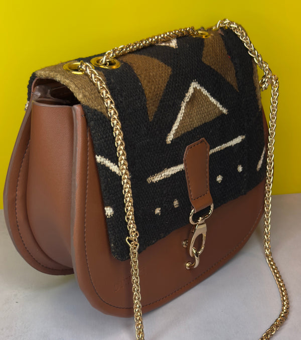 DiwaKi Bogolan Royale Chain Bag – African Mudcloth Leather Shoulder Bag with Gold Chain