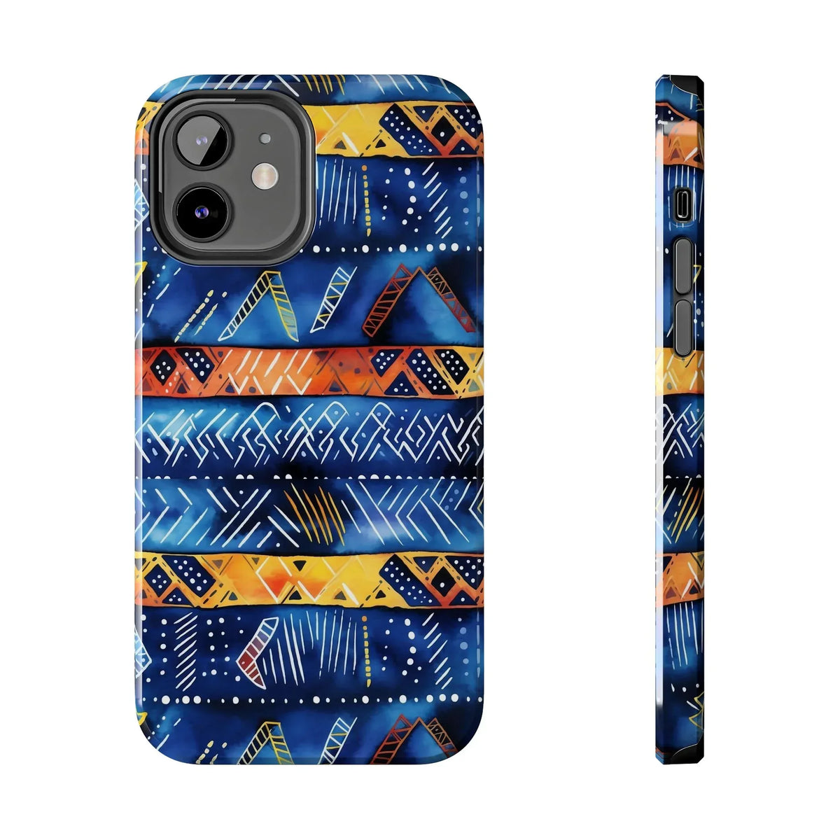 African mudcloth Tribal Indigo Stripe Tough Phone Case — Blue & Orange Geometric Protective Cover - DiwaKi