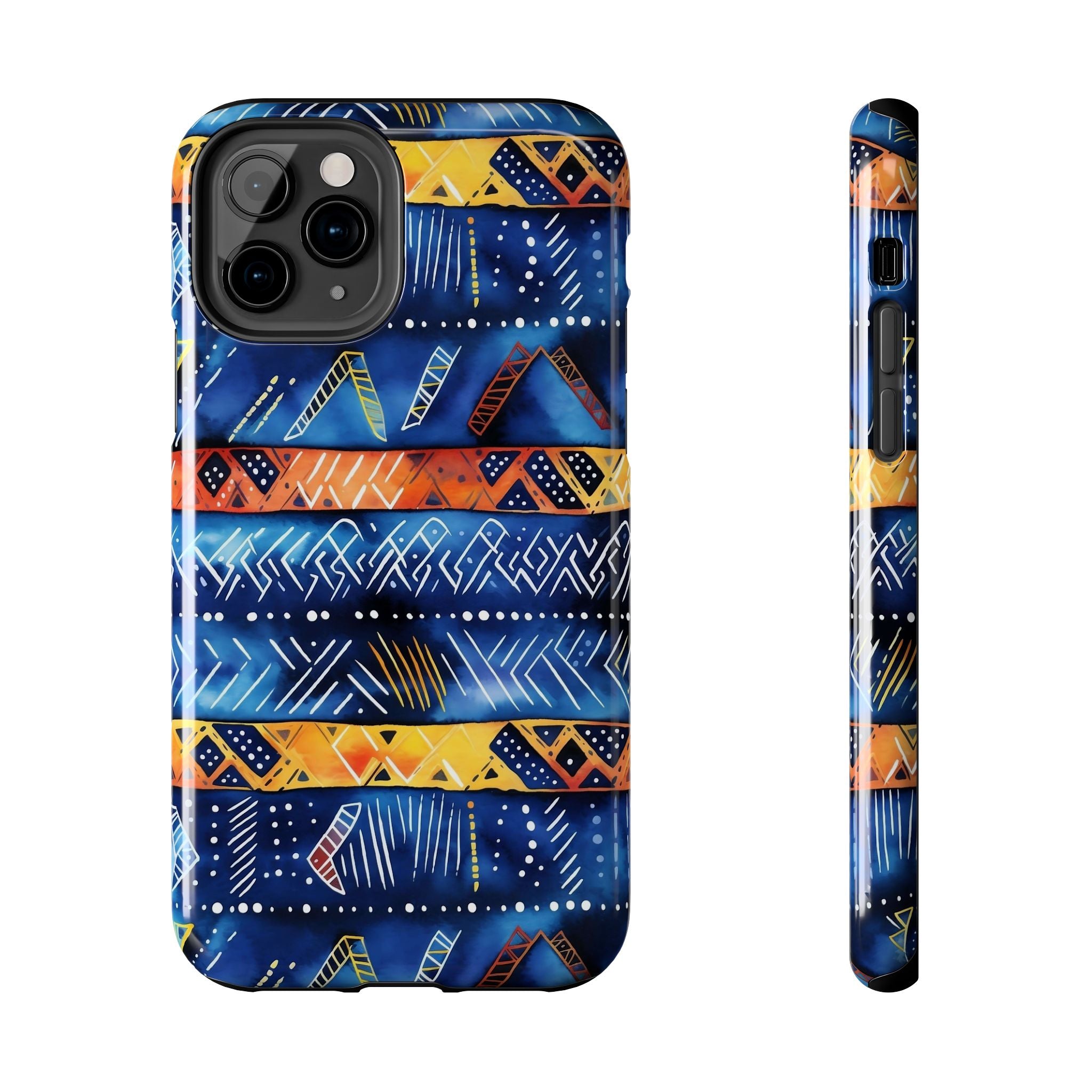 African mudcloth Tribal Indigo Stripe Tough Phone Case — Blue & Orange Geometric Protective Cover