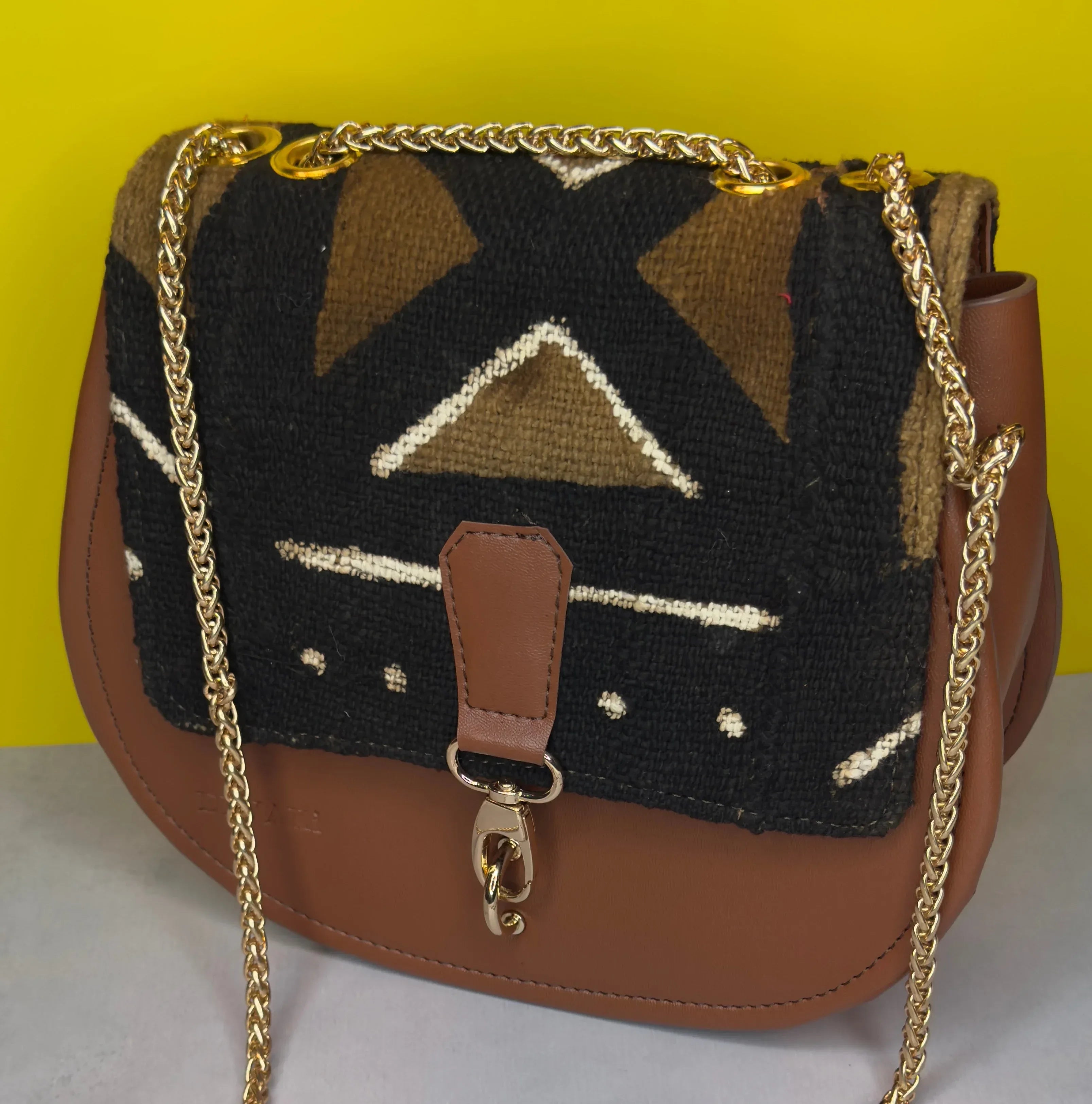 African black & brown bogolan pattern shoulder bag - DiwaKi