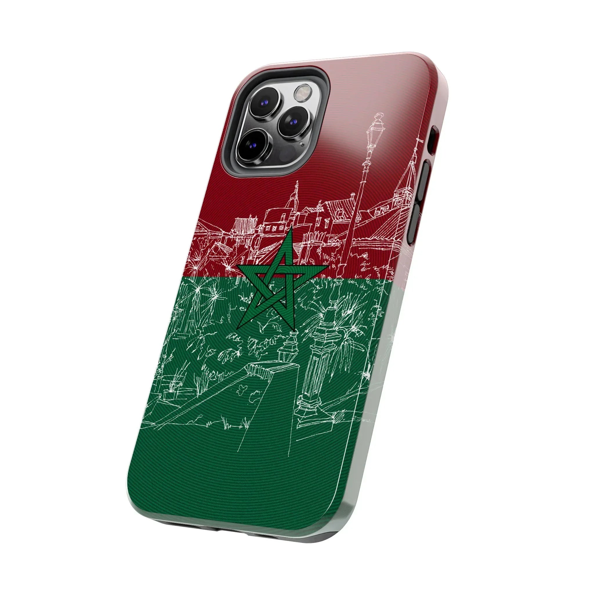 Morocco Flag Sketch Tough Phone Case — Red & Green Casablanca Cityscape - DiwaKi