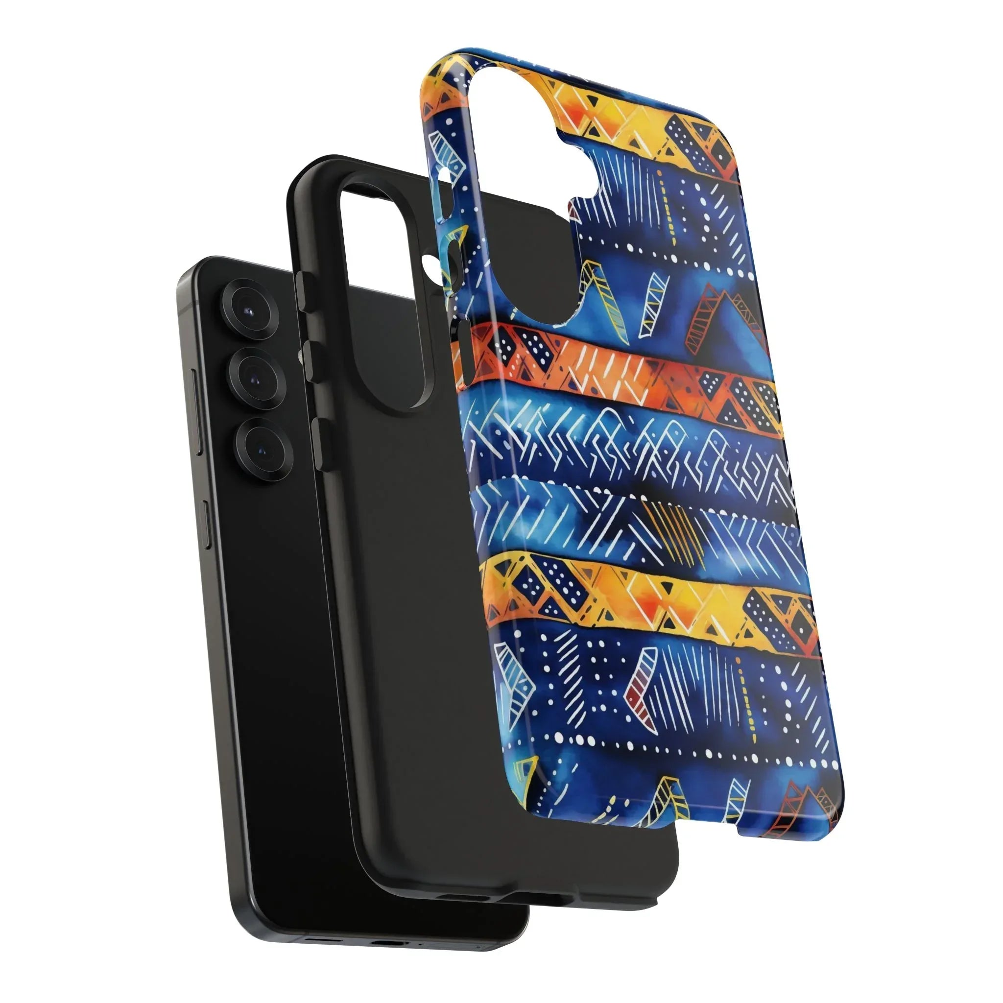 African mudcloth Tribal Indigo Stripe Tough Phone Case — Blue & Orange Geometric Protective Cover - DiwaKi