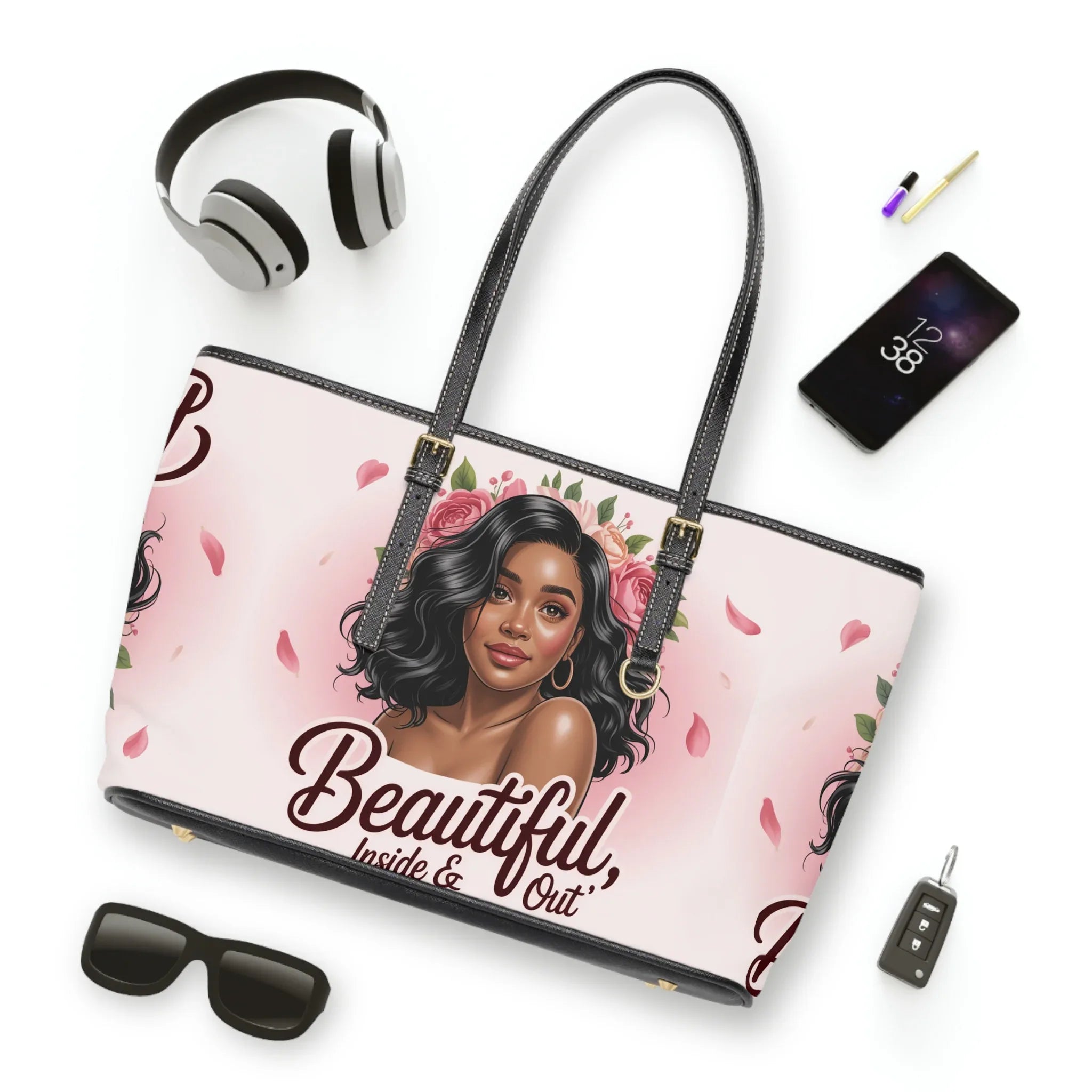 Tote Bag — "Beautiful Inside & Out" Floral Portrait PU Shoulder Tote - DiwaKi