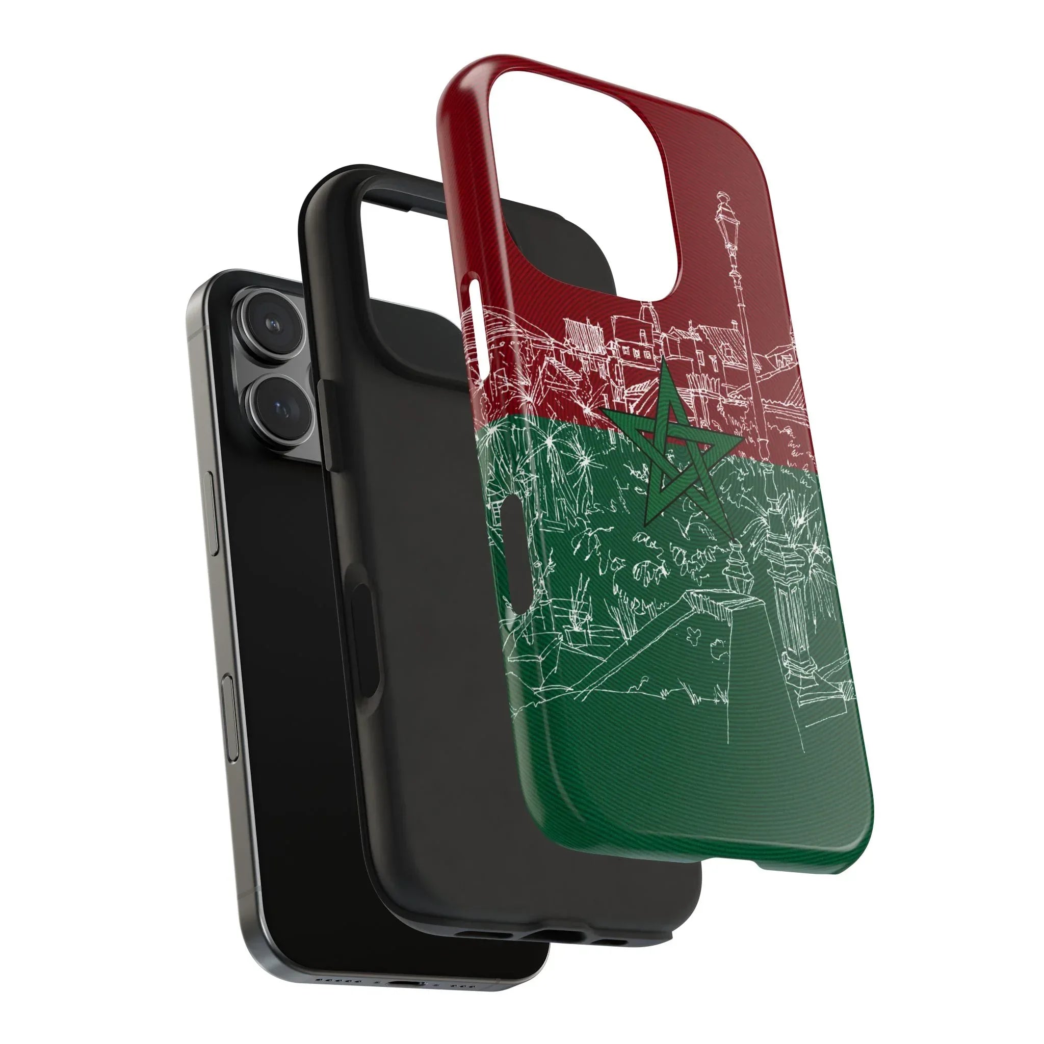 Morocco Flag Sketch Tough Phone Case — Red & Green Casablanca Cityscape - DiwaKi