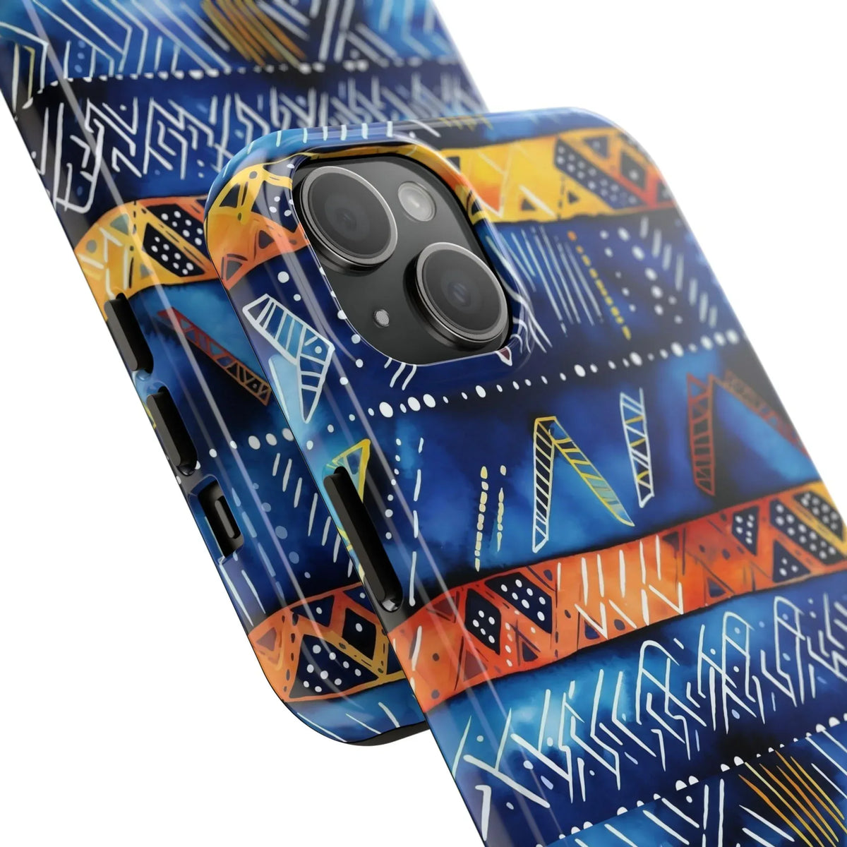 African mudcloth Tribal Indigo Stripe Tough Phone Case — Blue & Orange Geometric Protective Cover - DiwaKi