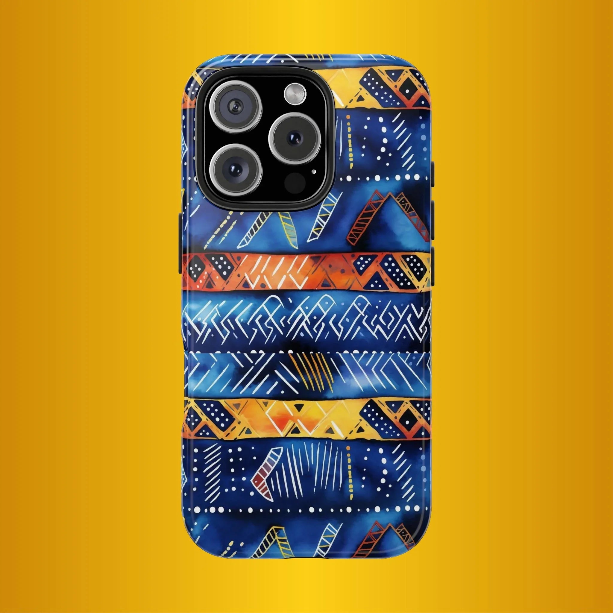 African mudcloth Tribal Indigo Stripe Tough Phone Case — Blue & Orange Geometric Protective Cover - DiwaKi