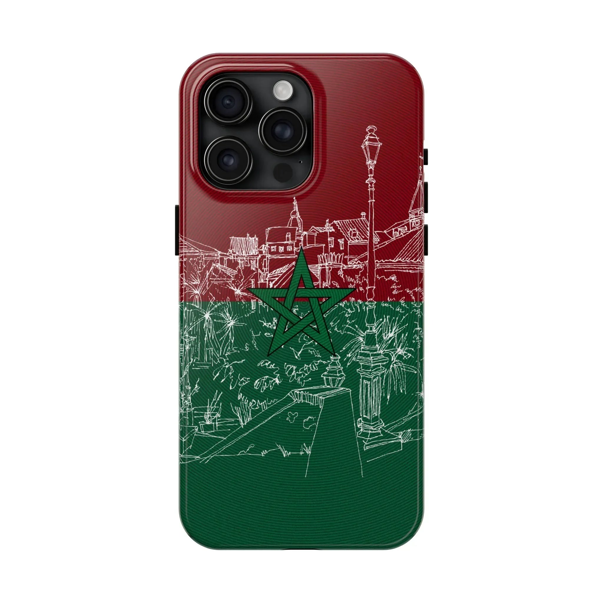 Morocco Flag Sketch Tough Phone Case — Red & Green Casablanca Cityscape - DiwaKi