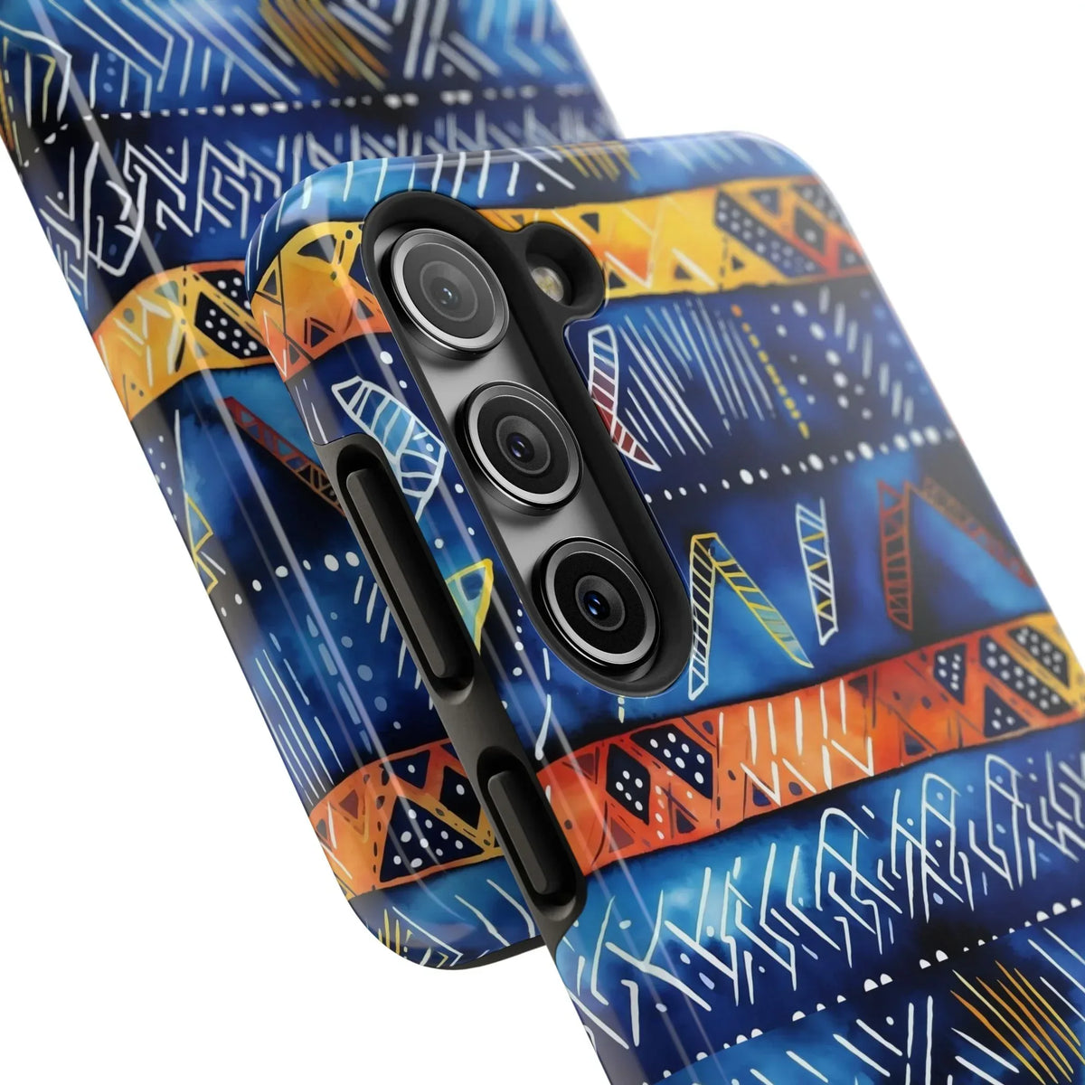 African mudcloth Tribal Indigo Stripe Tough Phone Case — Blue & Orange Geometric Protective Cover - DiwaKi