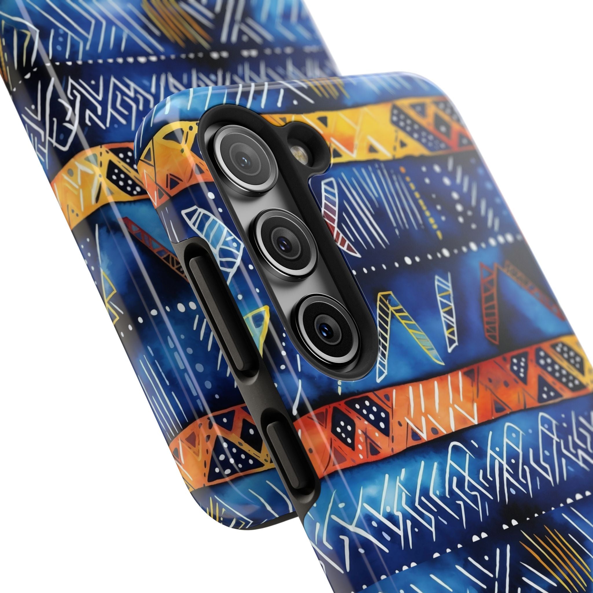 African mudcloth Tribal Indigo Stripe Tough Phone Case — Blue & Orange Geometric Protective Cover