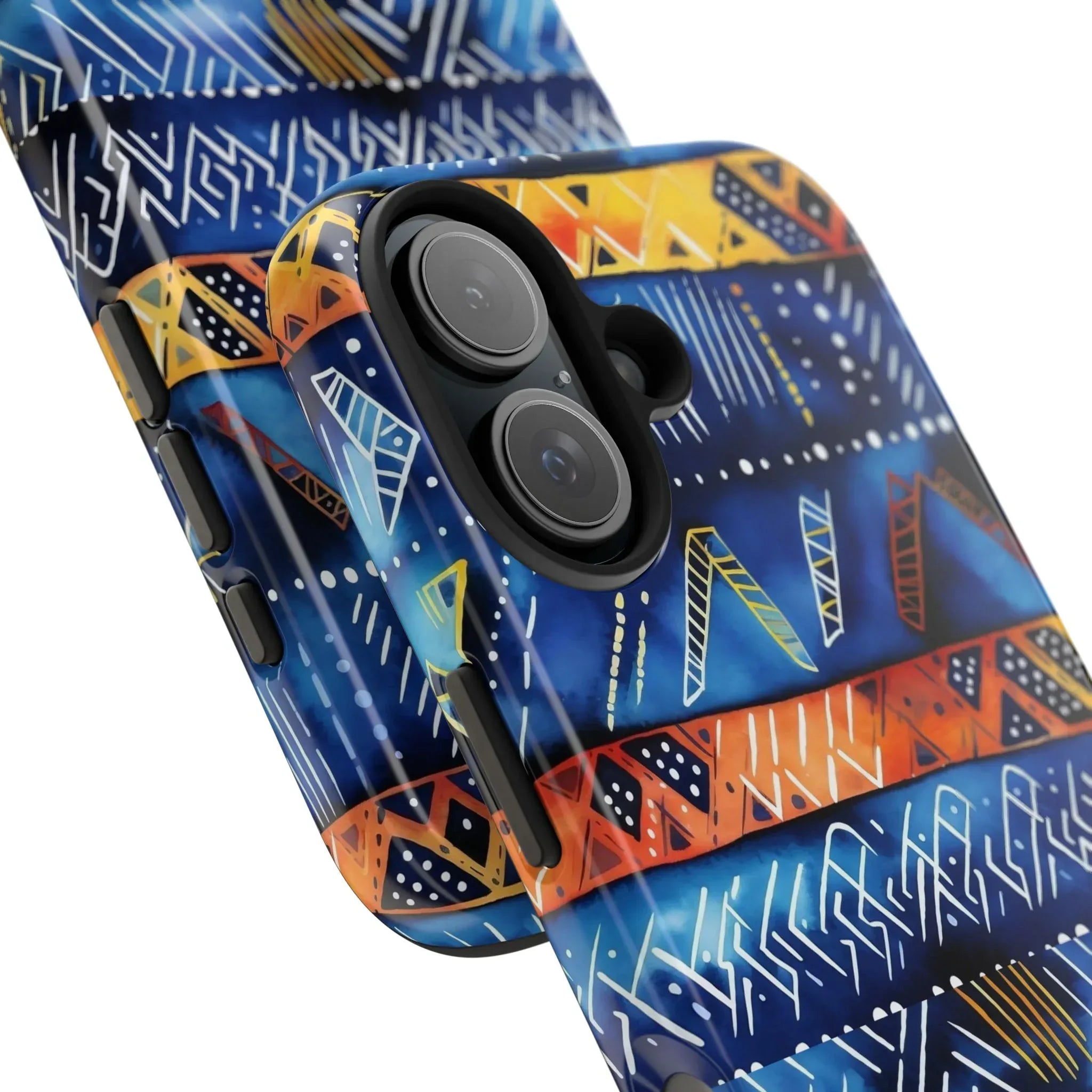 African mudcloth Tribal Indigo Stripe Tough Phone Case — Blue & Orange Geometric Protective Cover - DiwaKi
