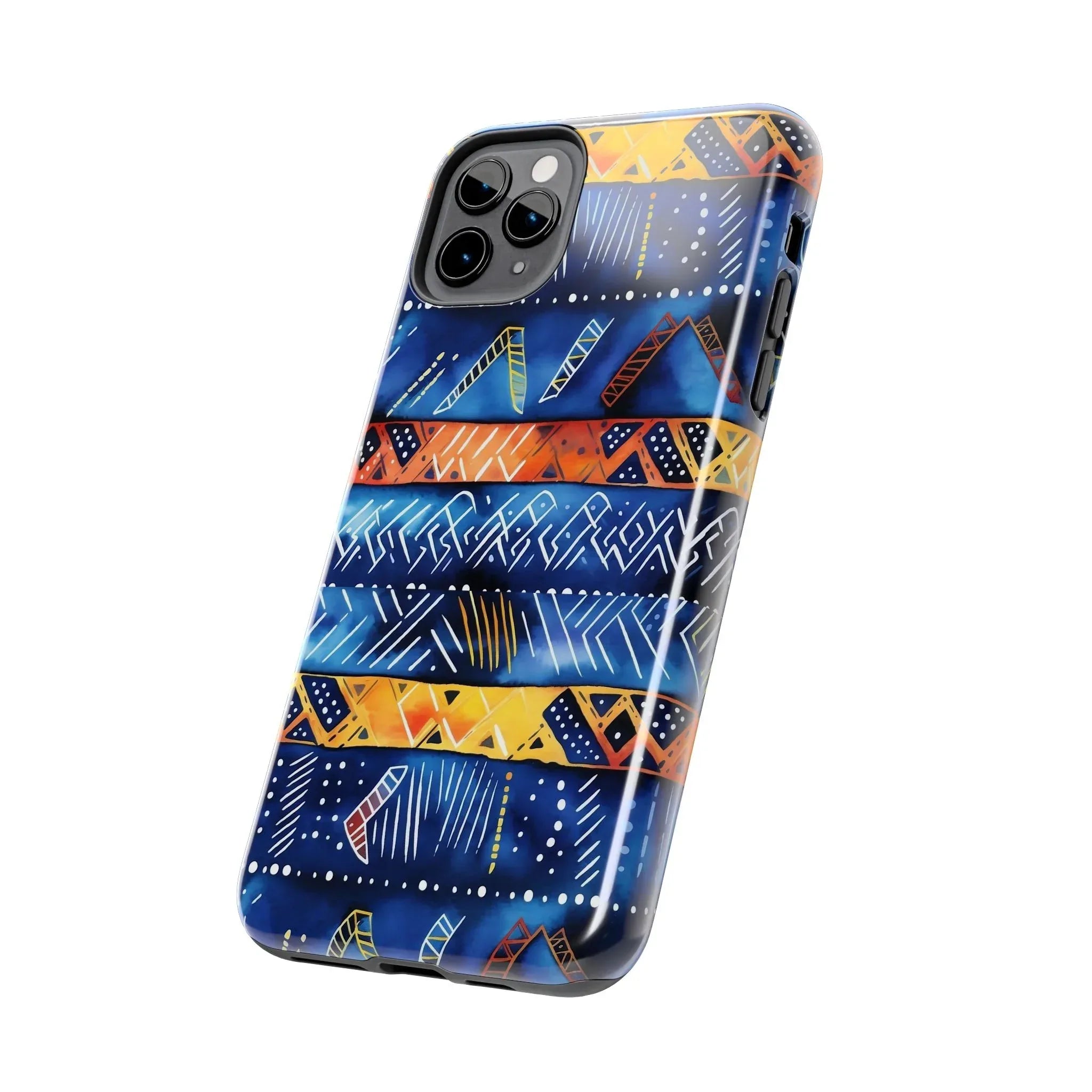 African mudcloth Tribal Indigo Stripe Tough Phone Case — Blue & Orange Geometric Protective Cover - DiwaKi